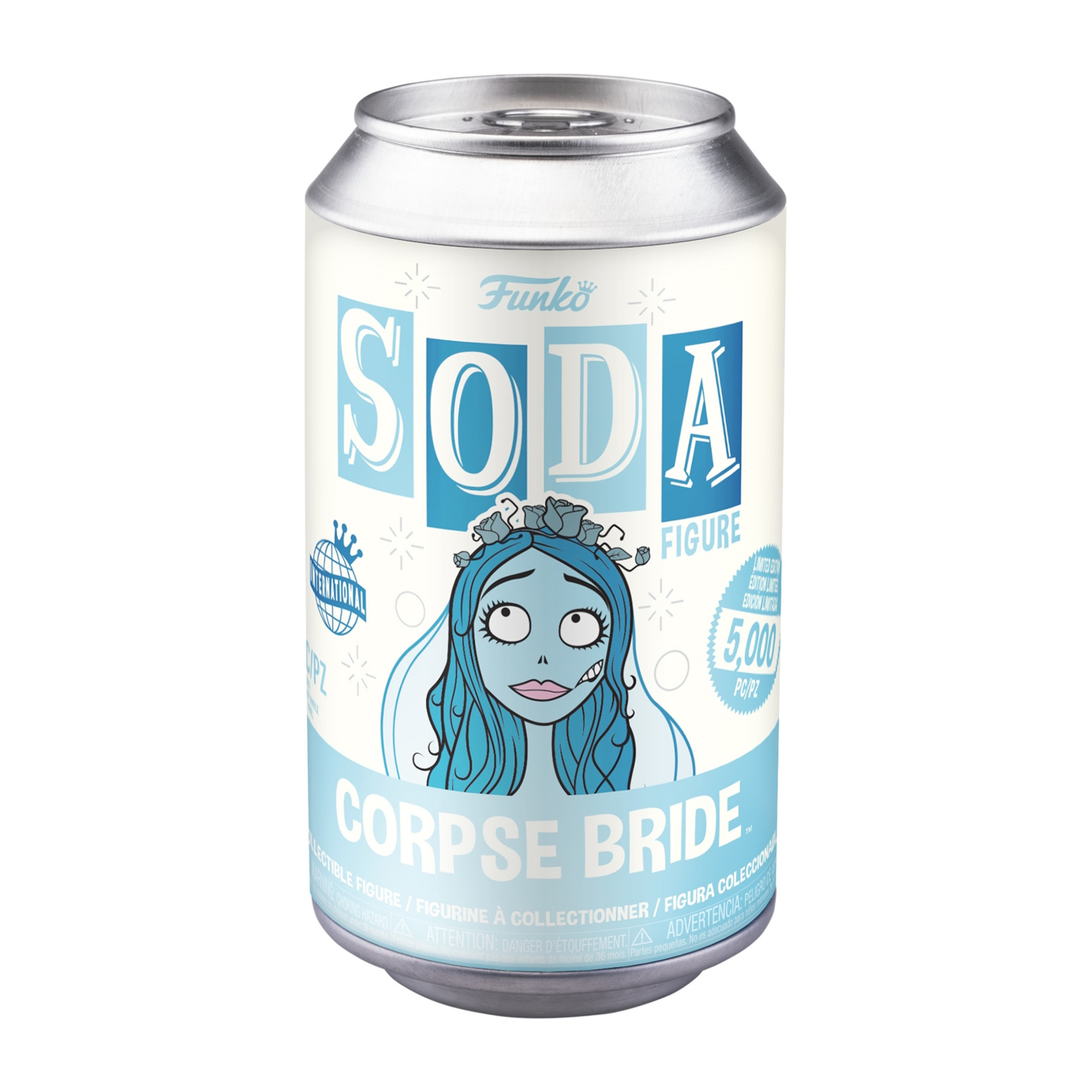 Corpse Bride Soda Figur in einer Dose. Eine Figur einer blauhaarigen Braut.
