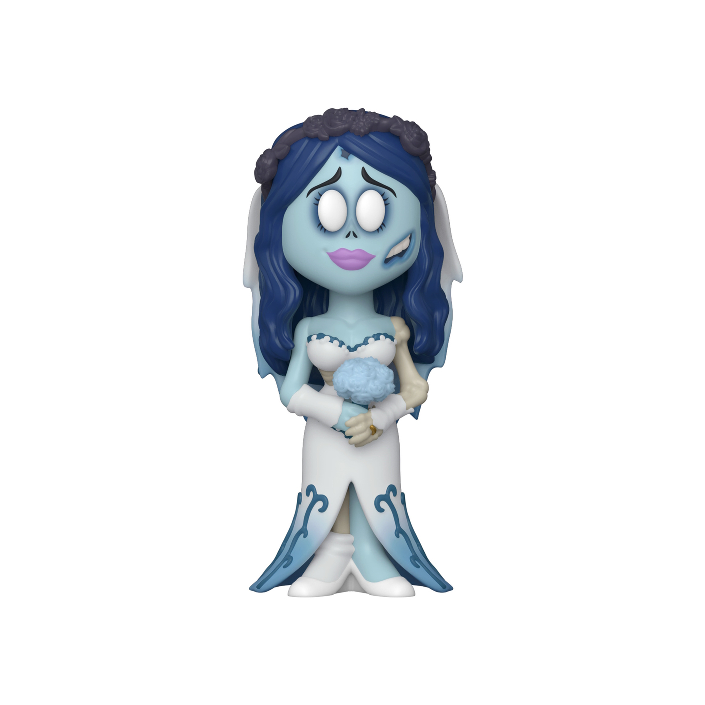 Eine blauhäutige Corpse Bride-Figur in einem weißen Kleid, die einen blauen Strauß hält.
