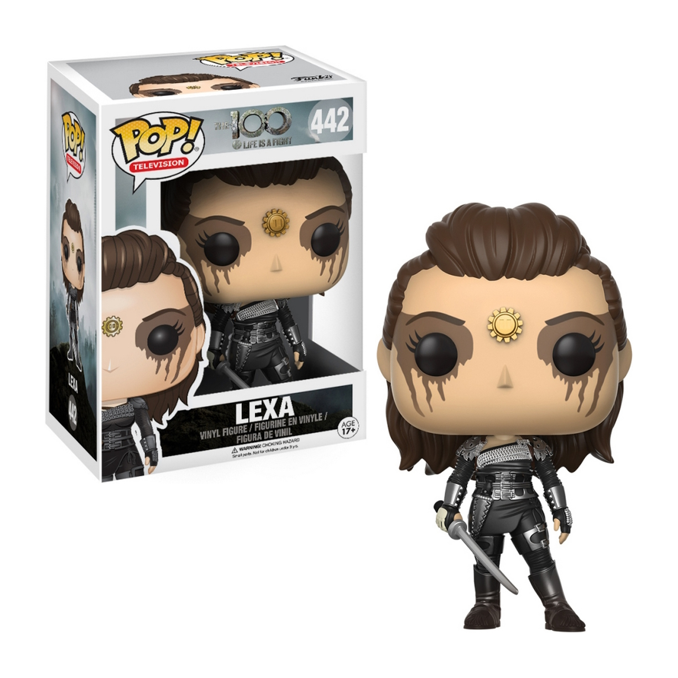Lexa Funko Pop Figur. Dunkles Haar, hält ein Schwert, trägt Rüstung. Box mit Bild.