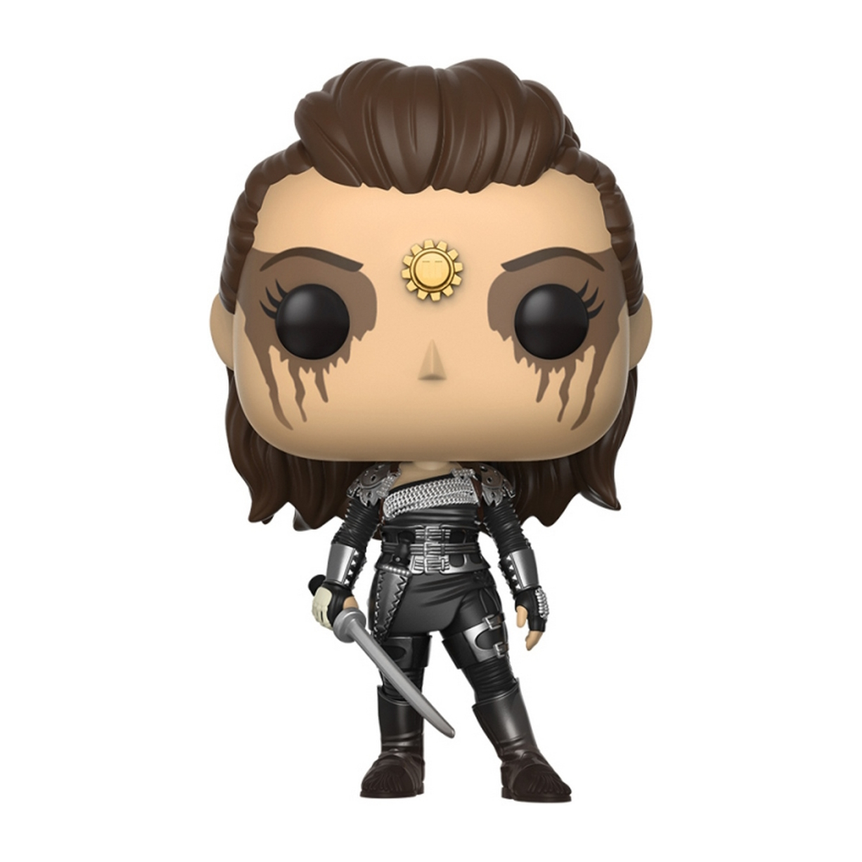 Funko Pop Figur einer Kriegerin in schwarzer Rüstung, die ein Schwert hält. Braune Haare mit goldenem Accessoire.