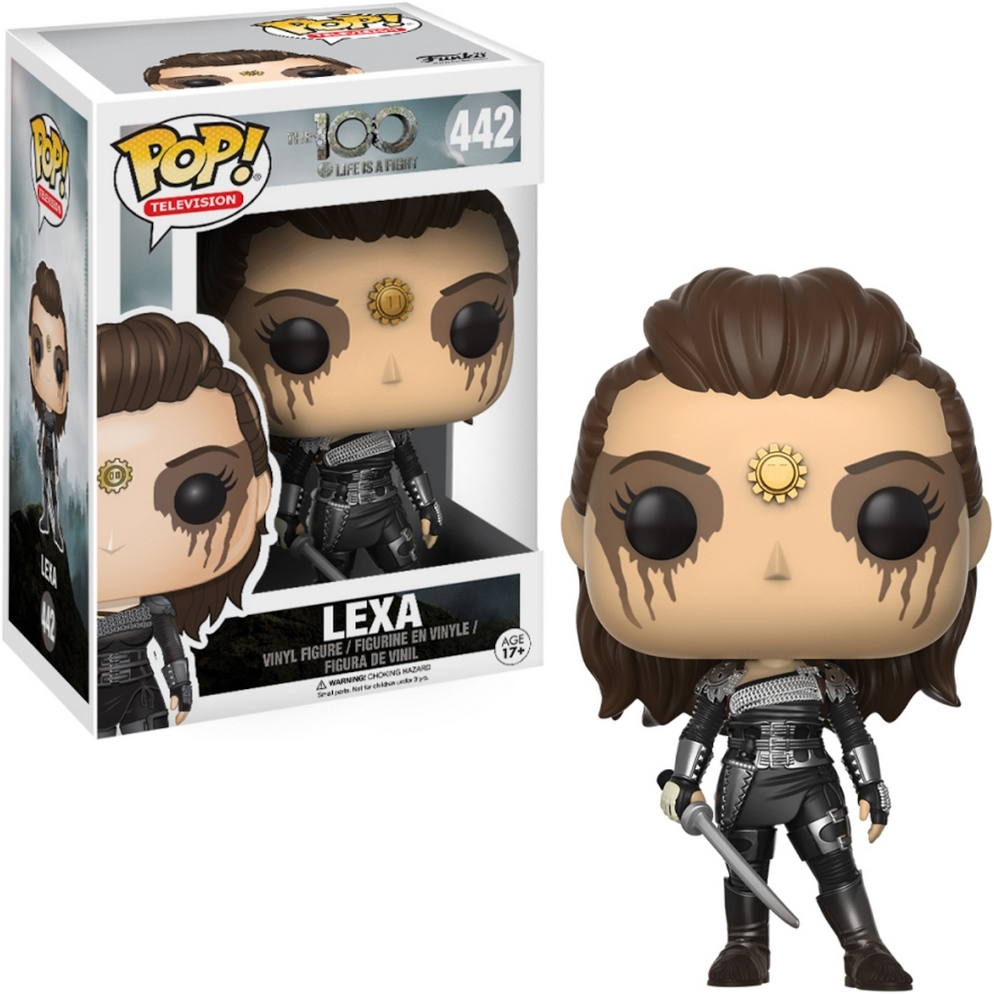 Funko Pop Figur von Lexa, einer Figur aus The 100, die ein Schwert in einem schwarzen Outfit hält.