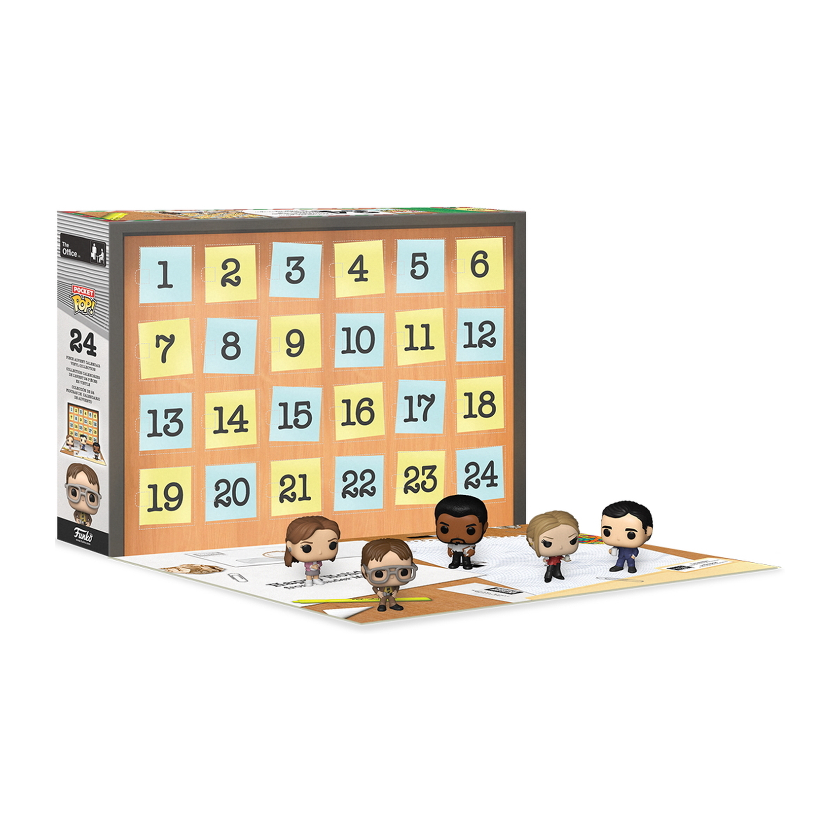 Der Büro-Adventskalender mit verschiedenen Funko Pop-Figuren der Charaktere der Serie.