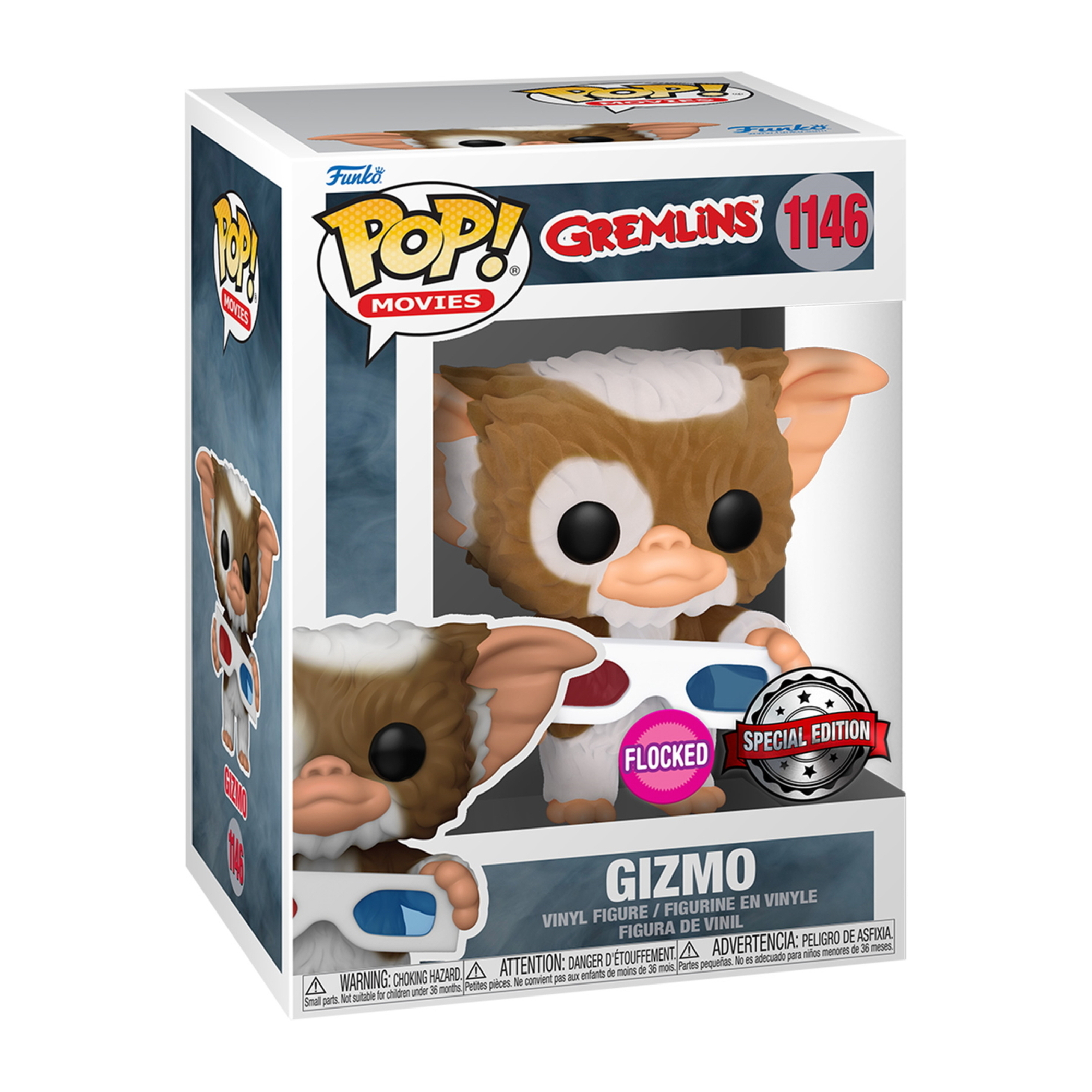 Gizmo Funko Pop Figur in der Box. Braunes und weißes Fell, trägt 3D-Brille. Special Edition, beflockt.