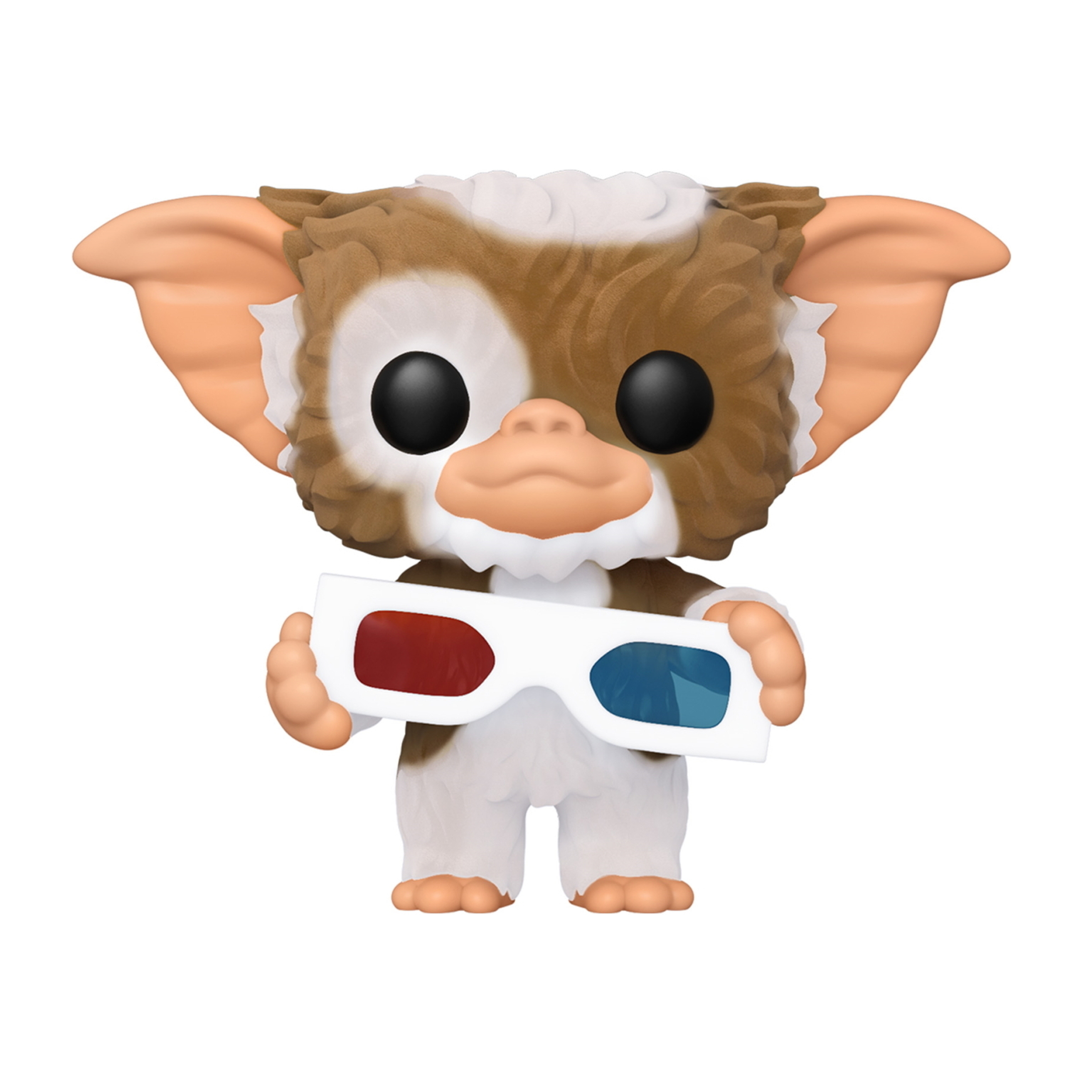 Gremlin-Figur, die 3D-Brillen hält. Es ist weiß und braun mit großen Ohren. Weißer Hintergrund.