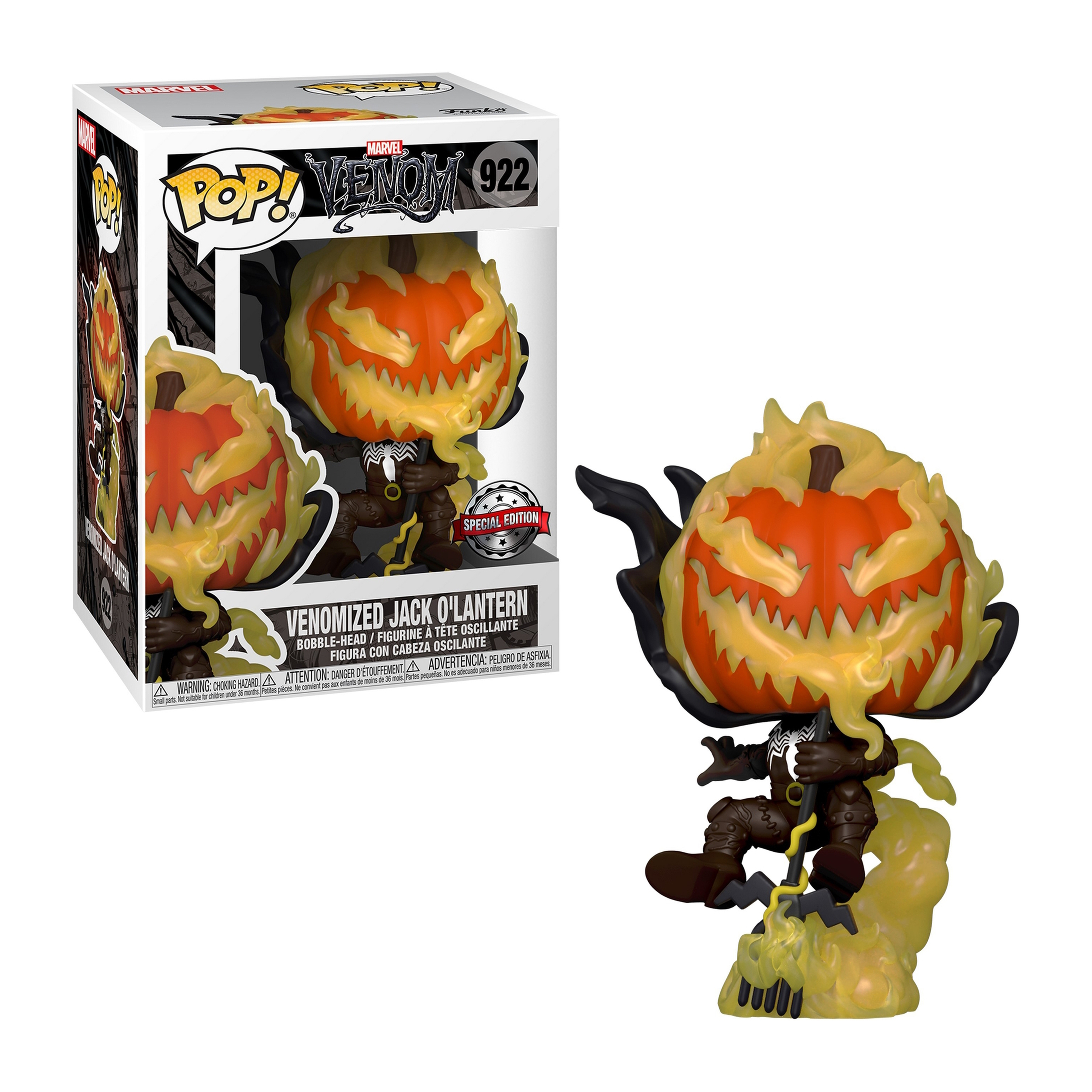 Venomized Jack O'Lantern Funko Pop mit Box. Die Figur steht auf einer Basis.