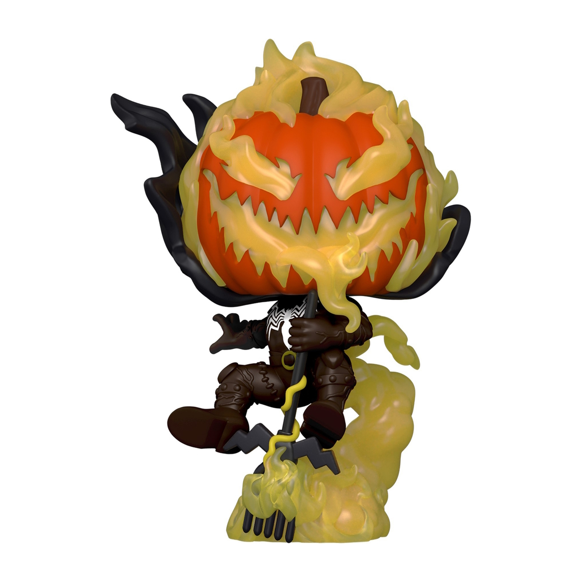 Ghost Rider Funko Pop Figur mit brennendem Kürbiskopf, dunkler Kleidung und Dreizack.
