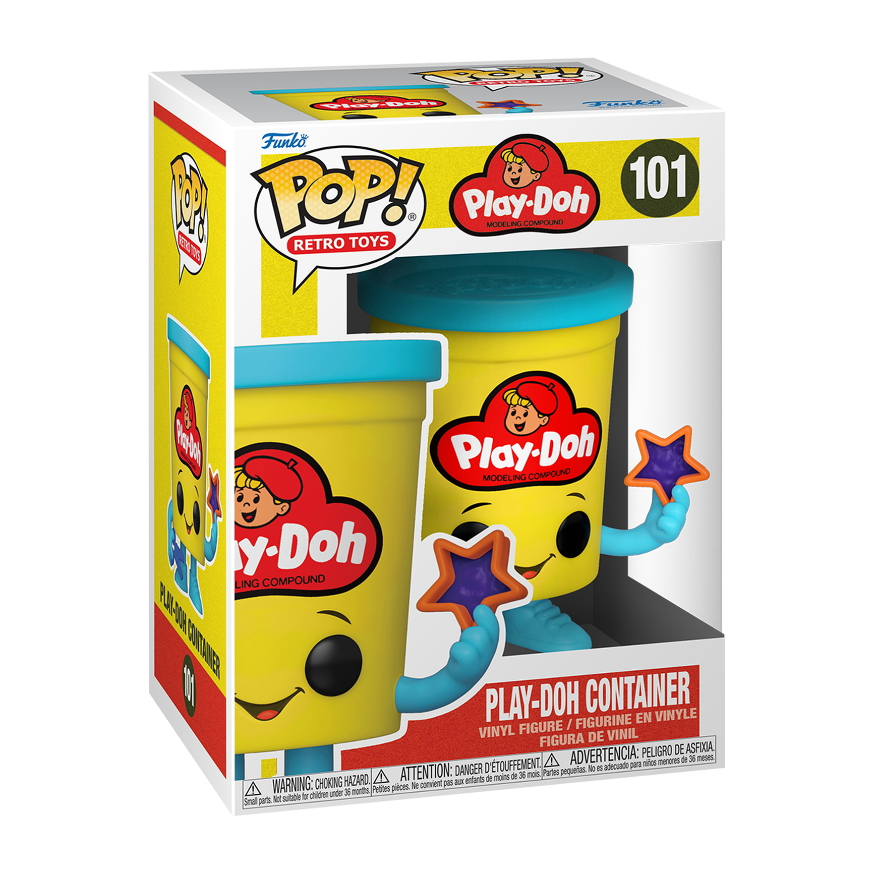 Figurka Funko Pop pojemnika Play-Doh. Żółty pojemnik z uśmiechniętą twarzą, niebieska pokrywka.