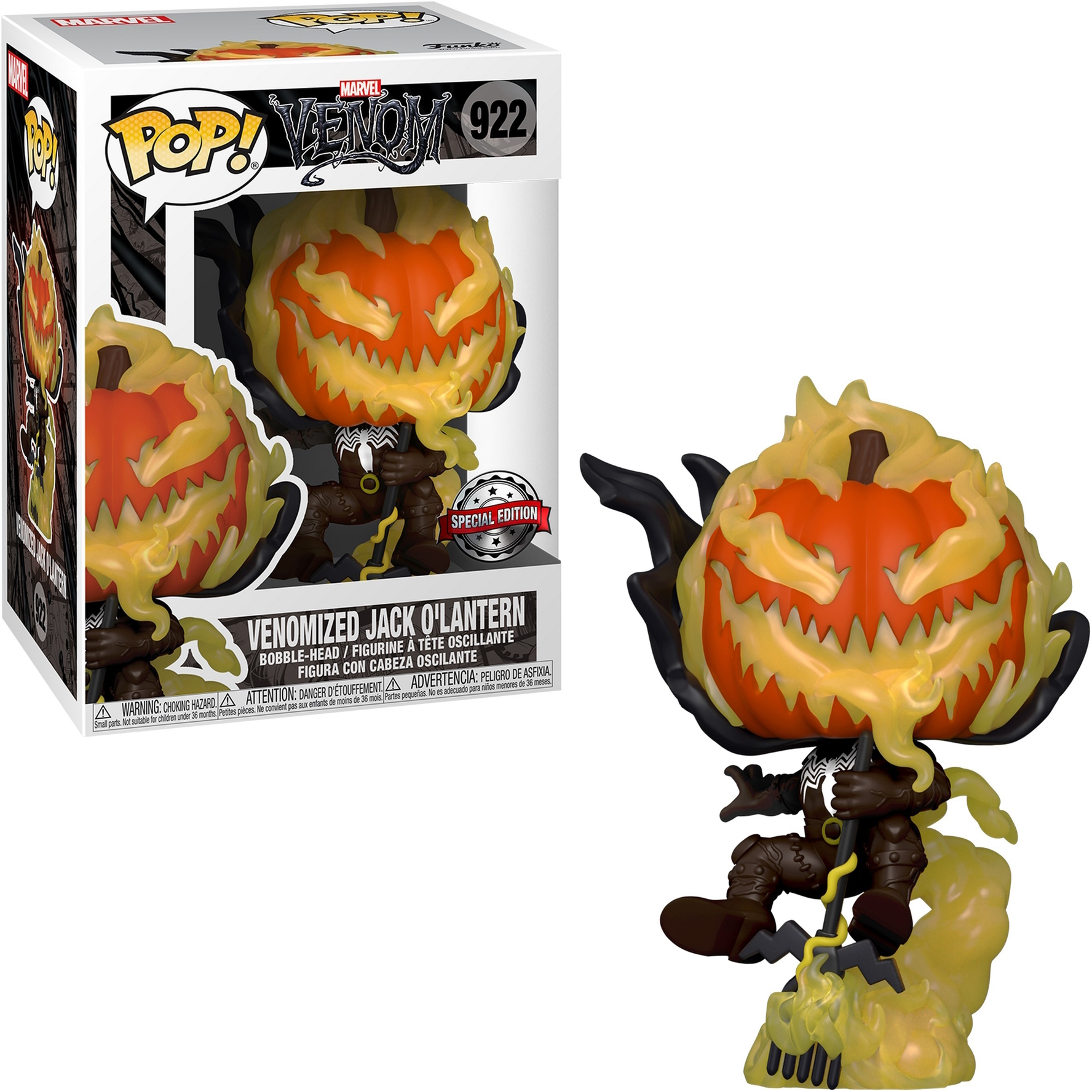 Venomized Jack O'Lantern Figur. Figur ist orange und brennt. Box im Hintergrund.