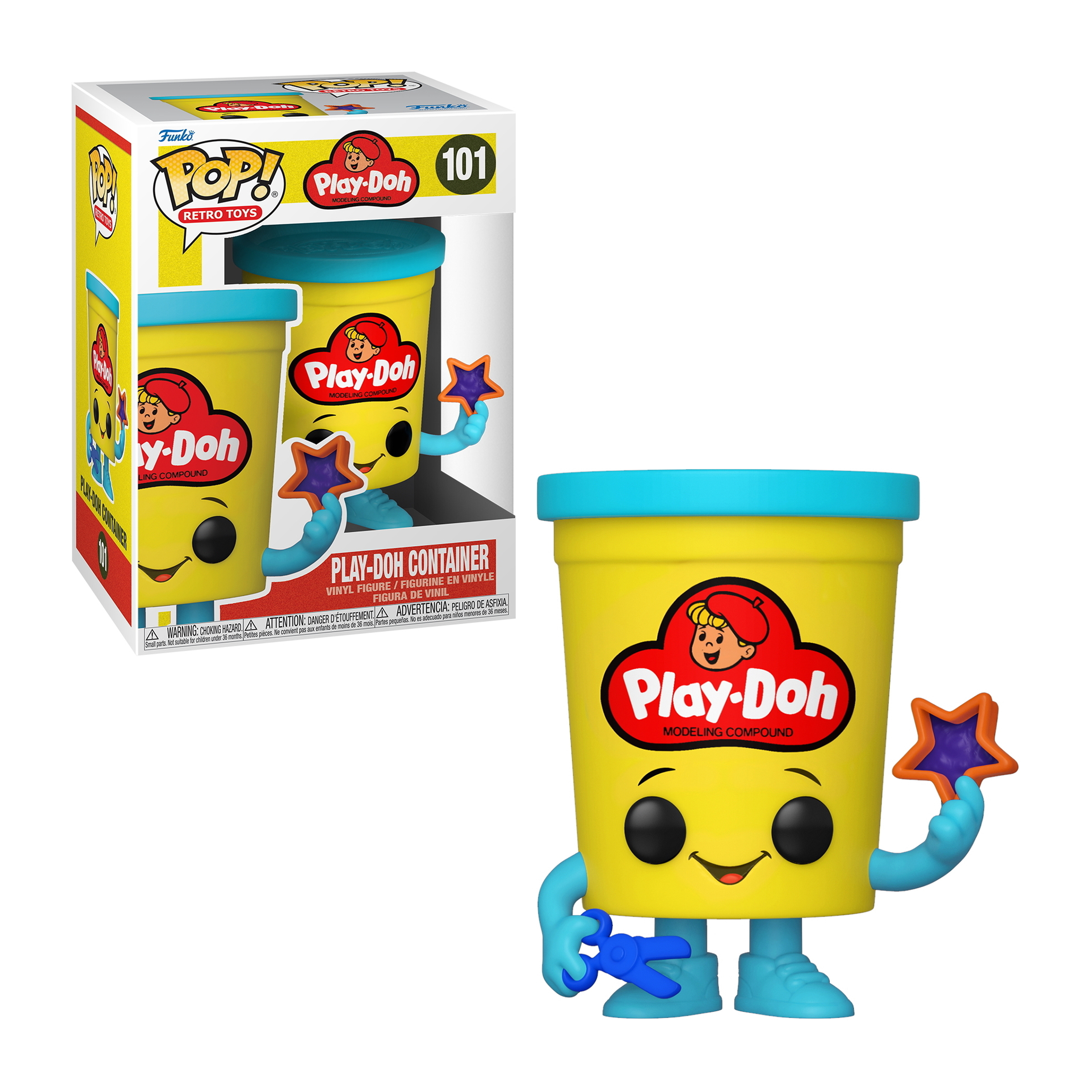 Figurka pojemnika Play-Doh z pudełkiem. Figurka to żółty pojemnik Play-Doh z gwiazdą w ręce.
