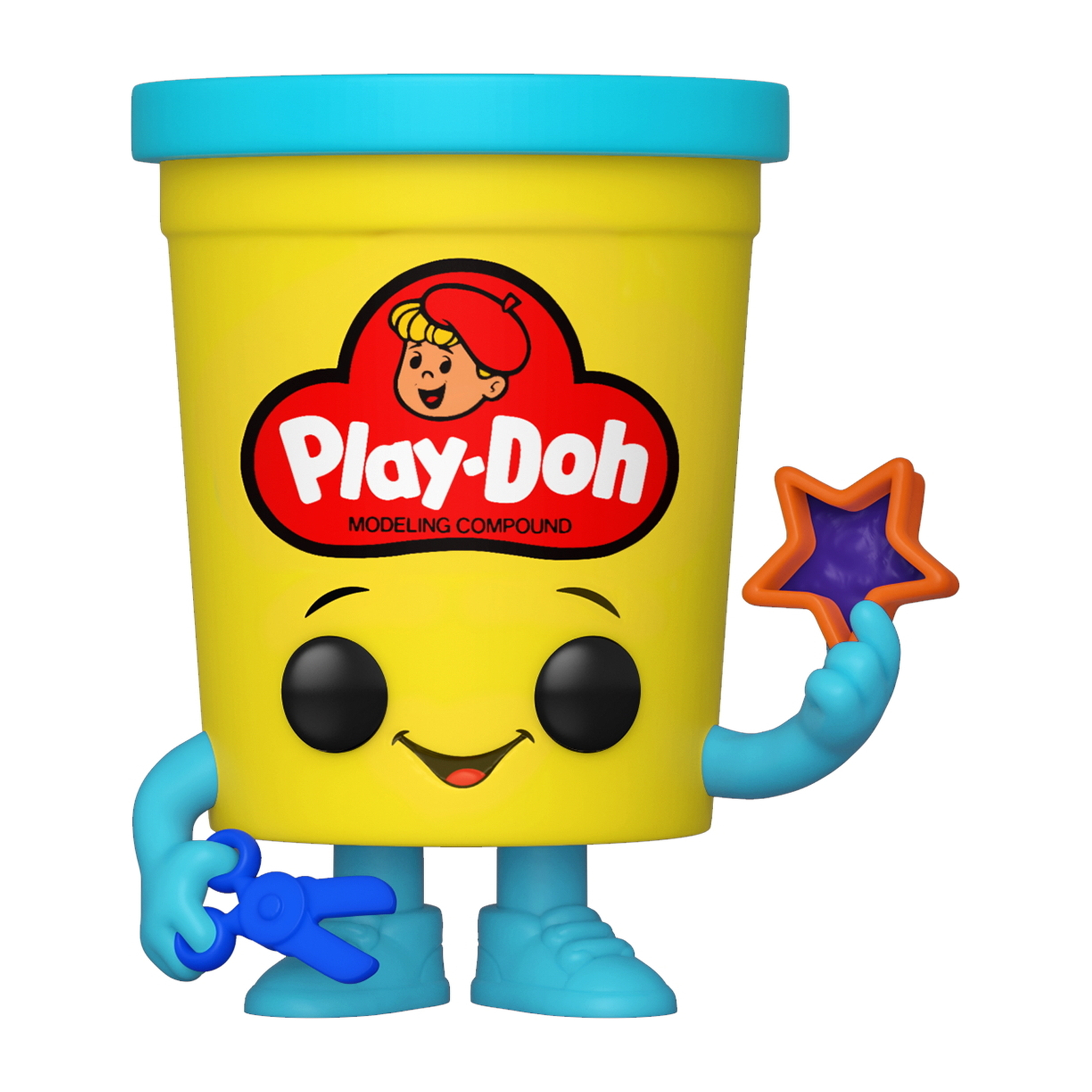 Figurka Play-Doh: żółty pojemnik z twarzą i niebieskimi ramionami/nogami. Trzyma plastelinę pomarańczowo-fioletową w kształcie gwiazdy. Niebieskie nożyczki.