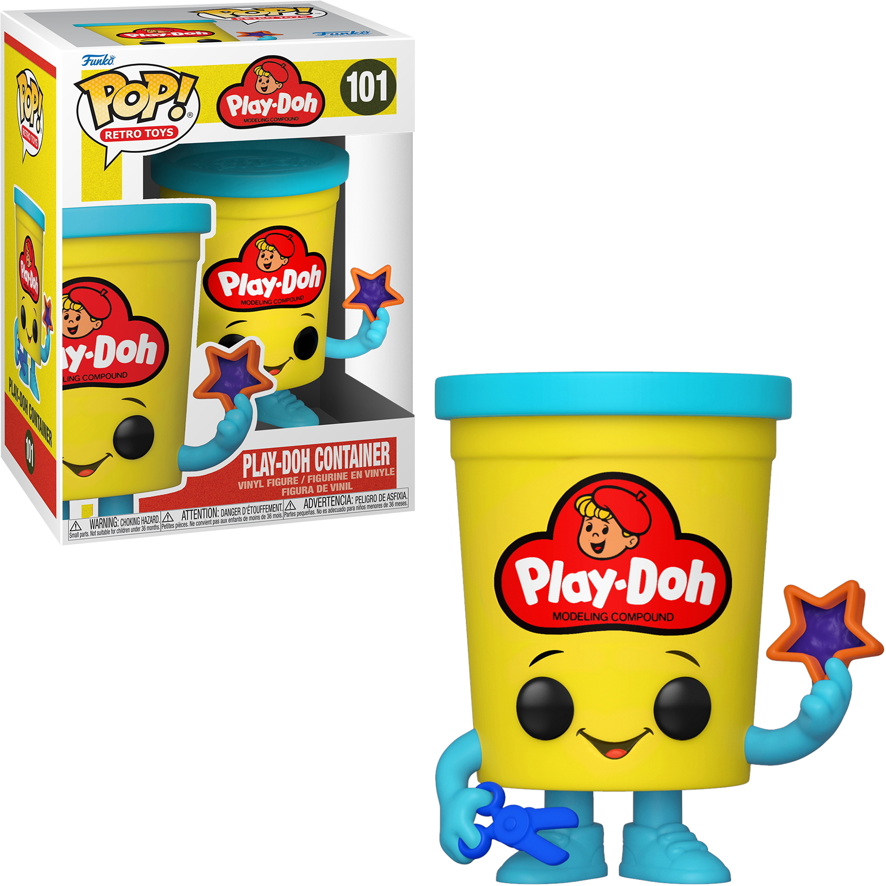 Figurka Funko Pop pojemnika Play-Doh trzymająca gwiazdę. W pudełku i osobno.
