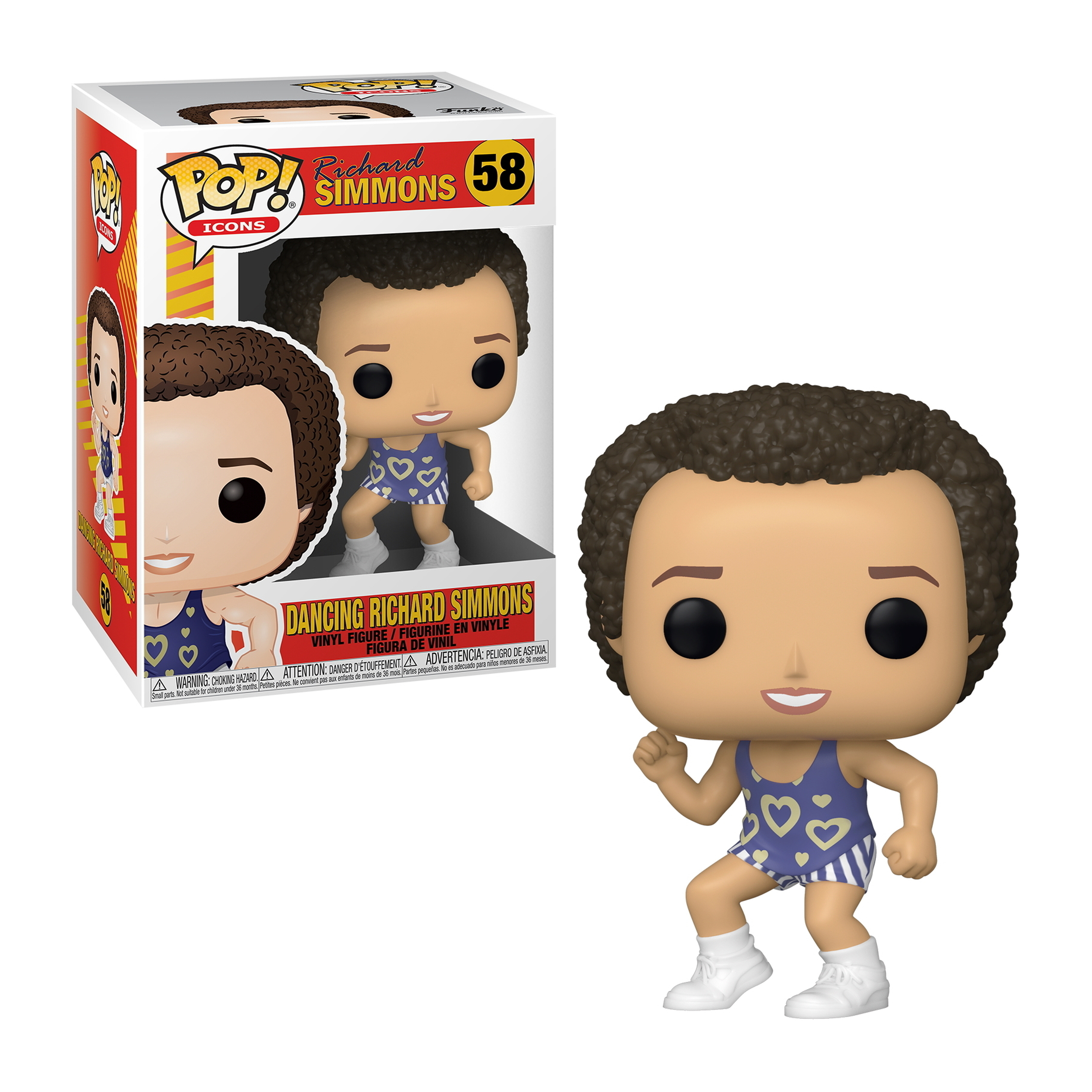 Eine Richard Simmons Funko Pop-Figur in einem blauen Trikot, posiert mit einem Lächeln.