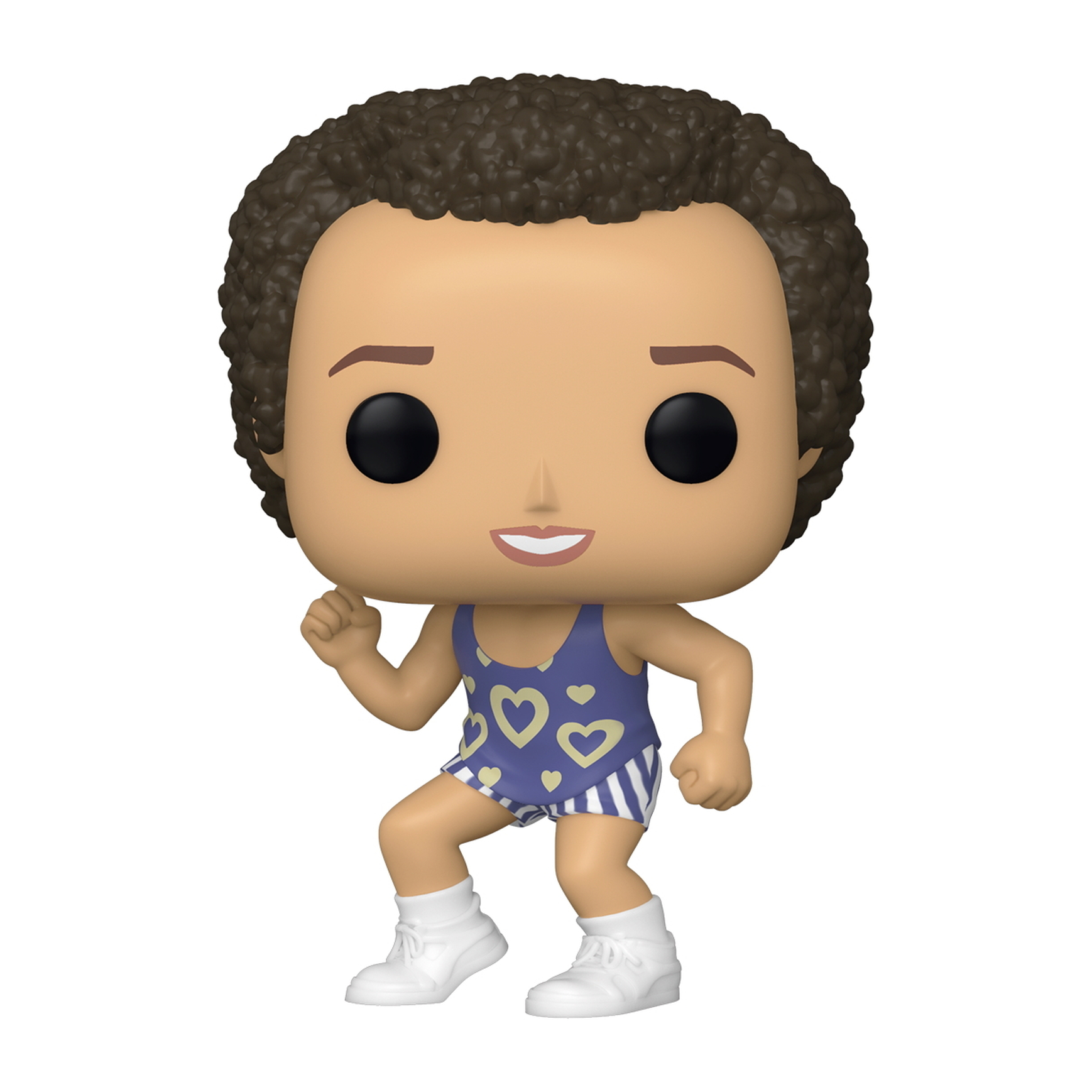 Ein Funko Pop eines Mannes in einem blau-weißen Badeanzug mit Herzen, lächelnd und rennend.