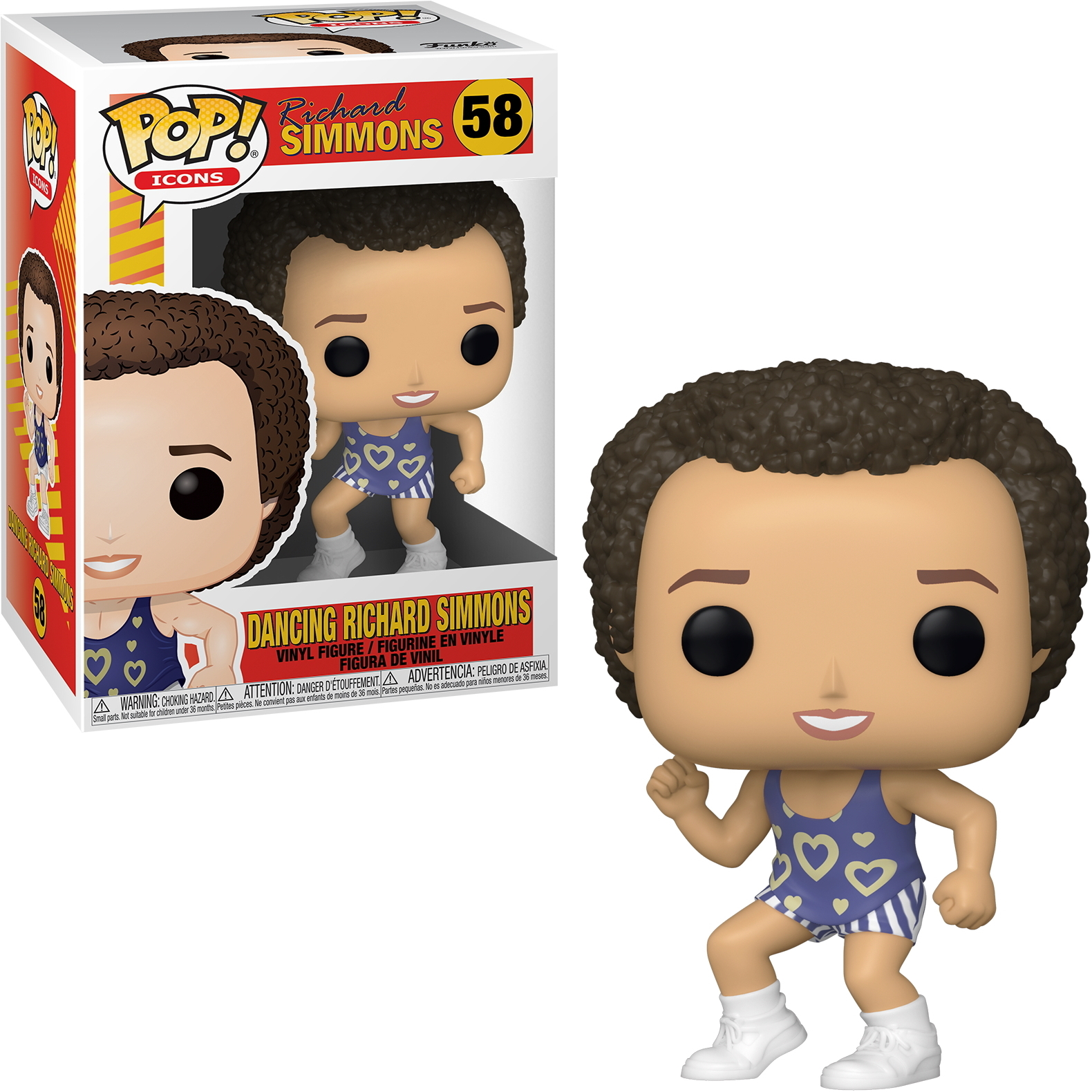 Tanzende Richard Simmons Funko Pop Figur in einer Box und ausgestellt.