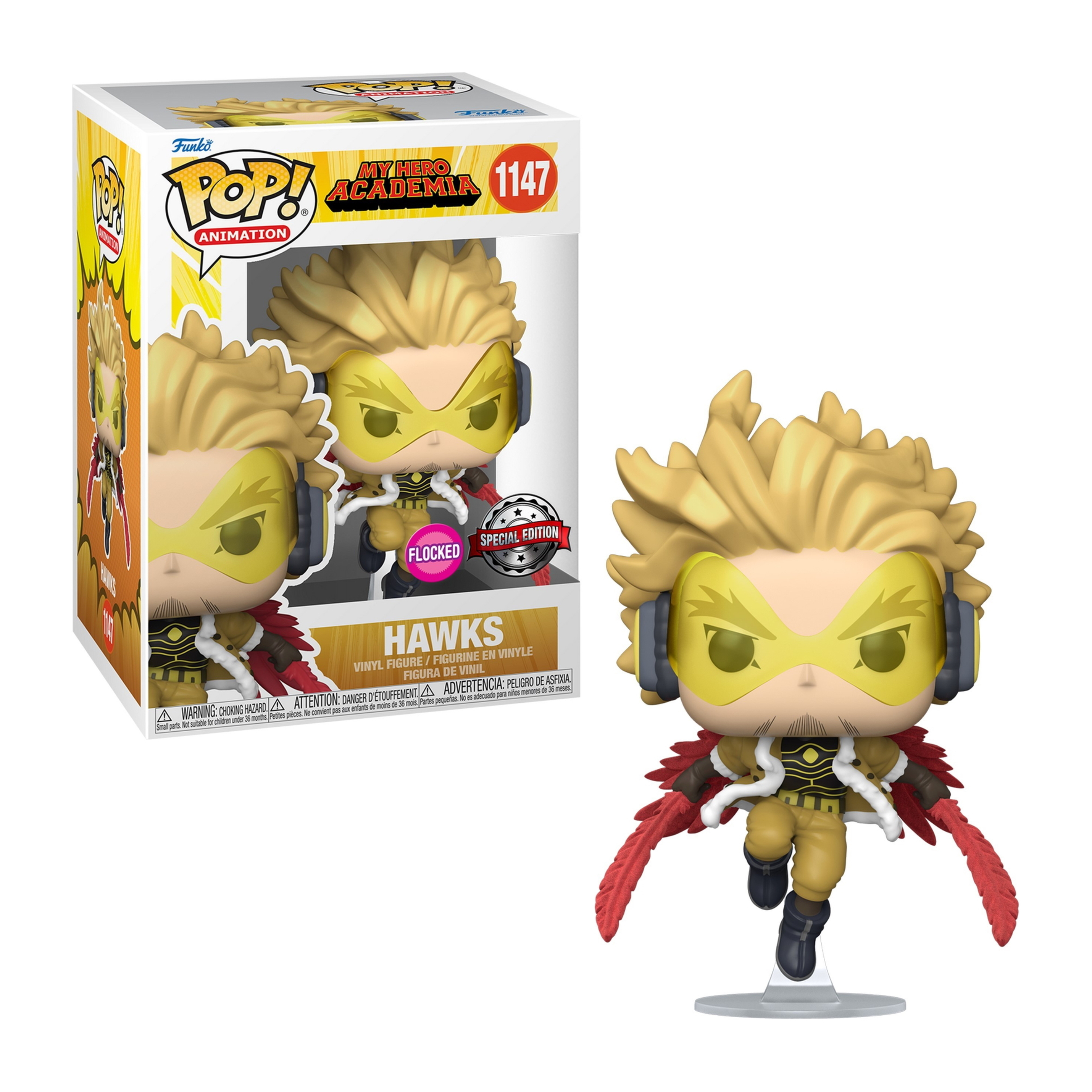 Hawks Funko Pop mit Box, in dynamischer Pose mit roten Flügeln, gelbem Visier und blonden Haaren.