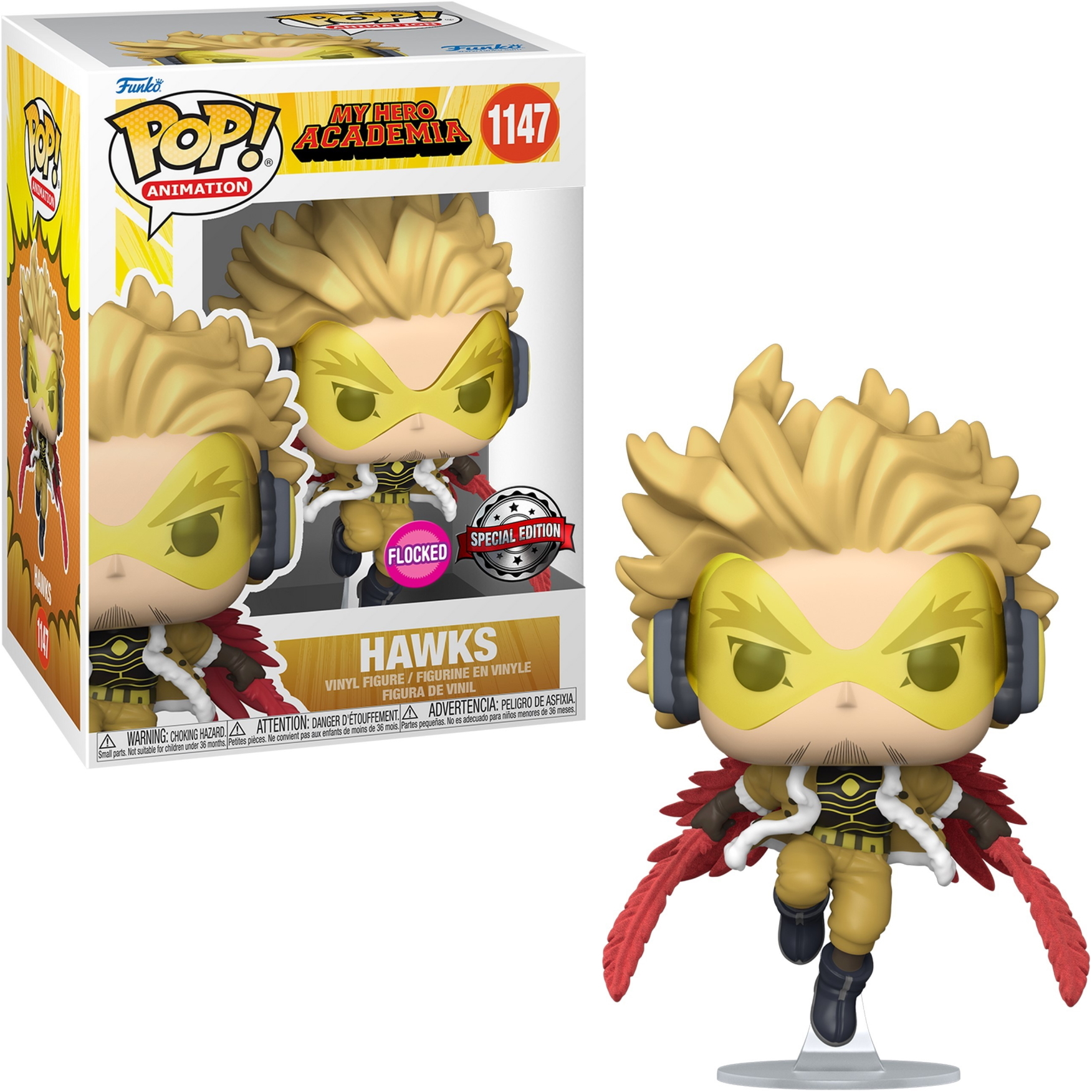 Funko Pop Figur von Hawks, gelbe Haare, Brille und rote Flügel, auf einem Ständer.
