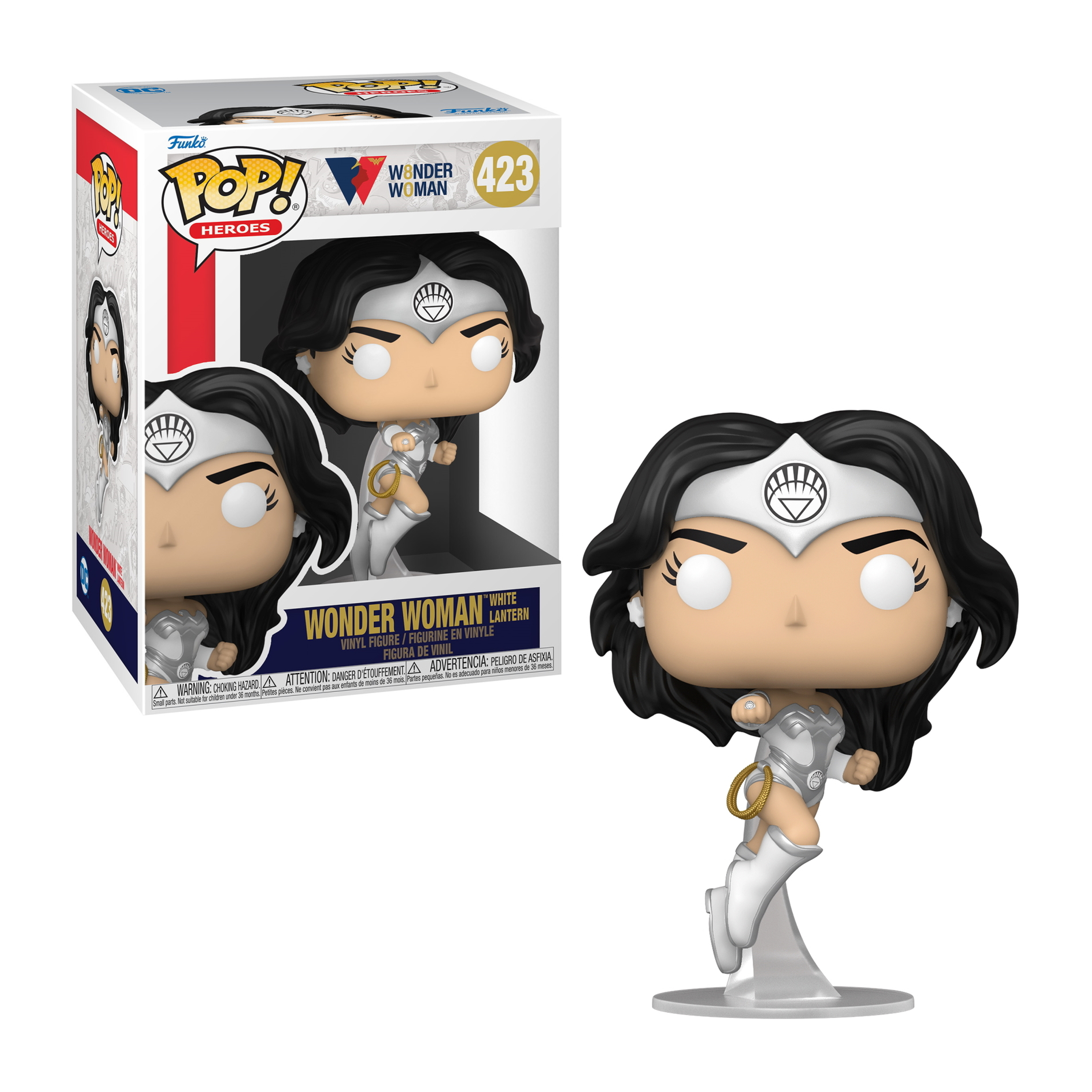 Wonder Woman White Lantern Figur mit weißem Outfit, die eine weiße Laterne hält. Sie hat schwarzes Haar.