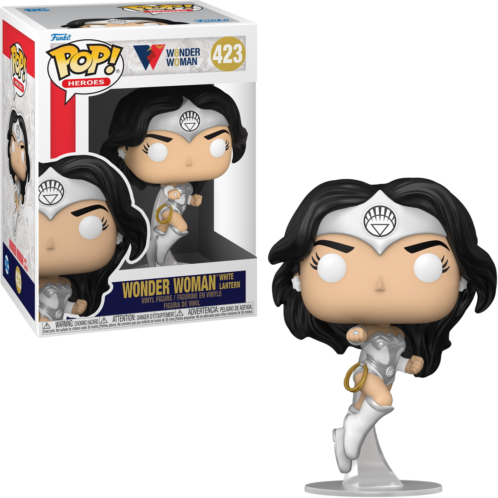 Eine Funko Pop Figur von Wonder Woman in weißem Kostüm mit weißem Laternen-Symbol.