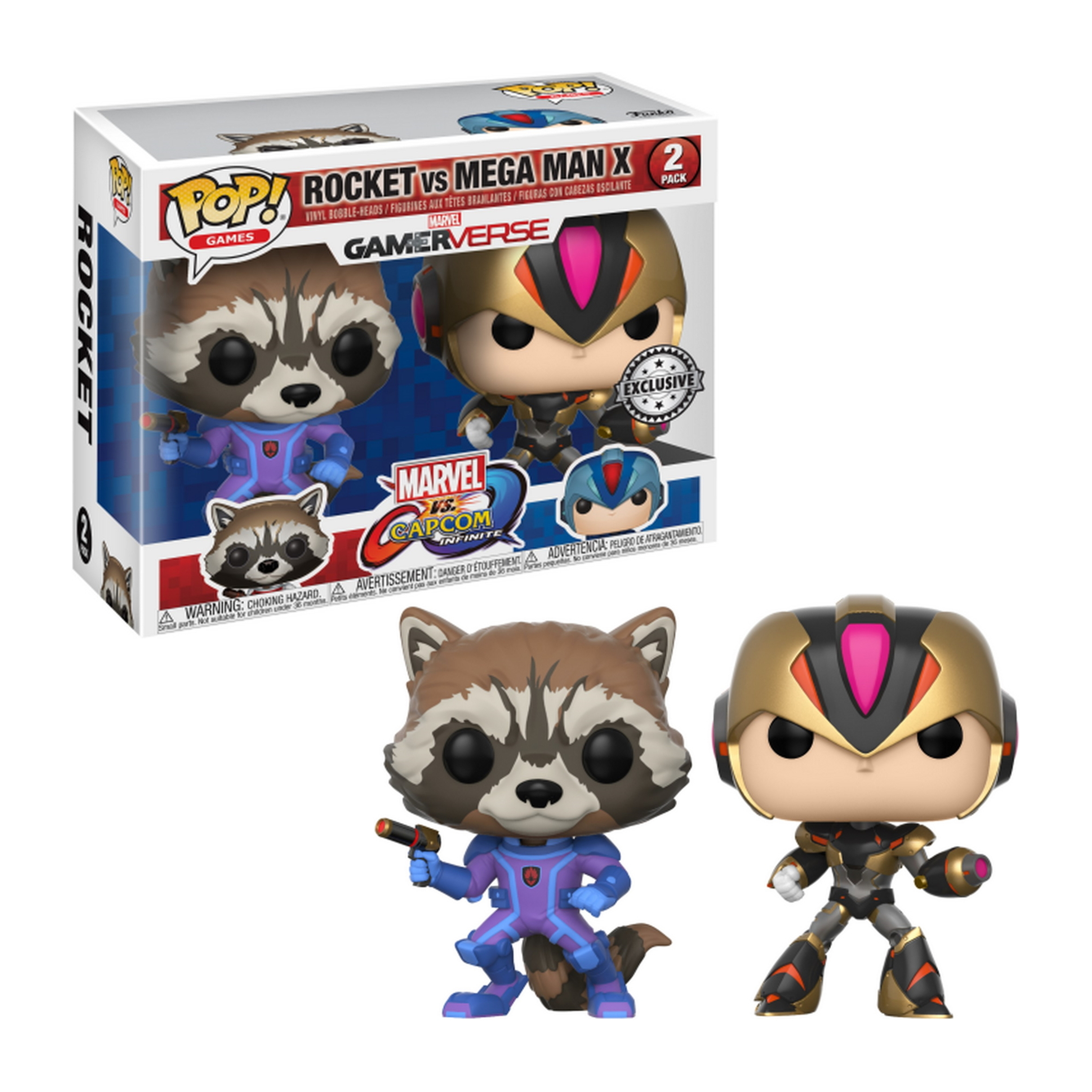 Rocket und Mega Man X Figuren aus Marvel vs Capcom, mit Boxen im Hintergrund.