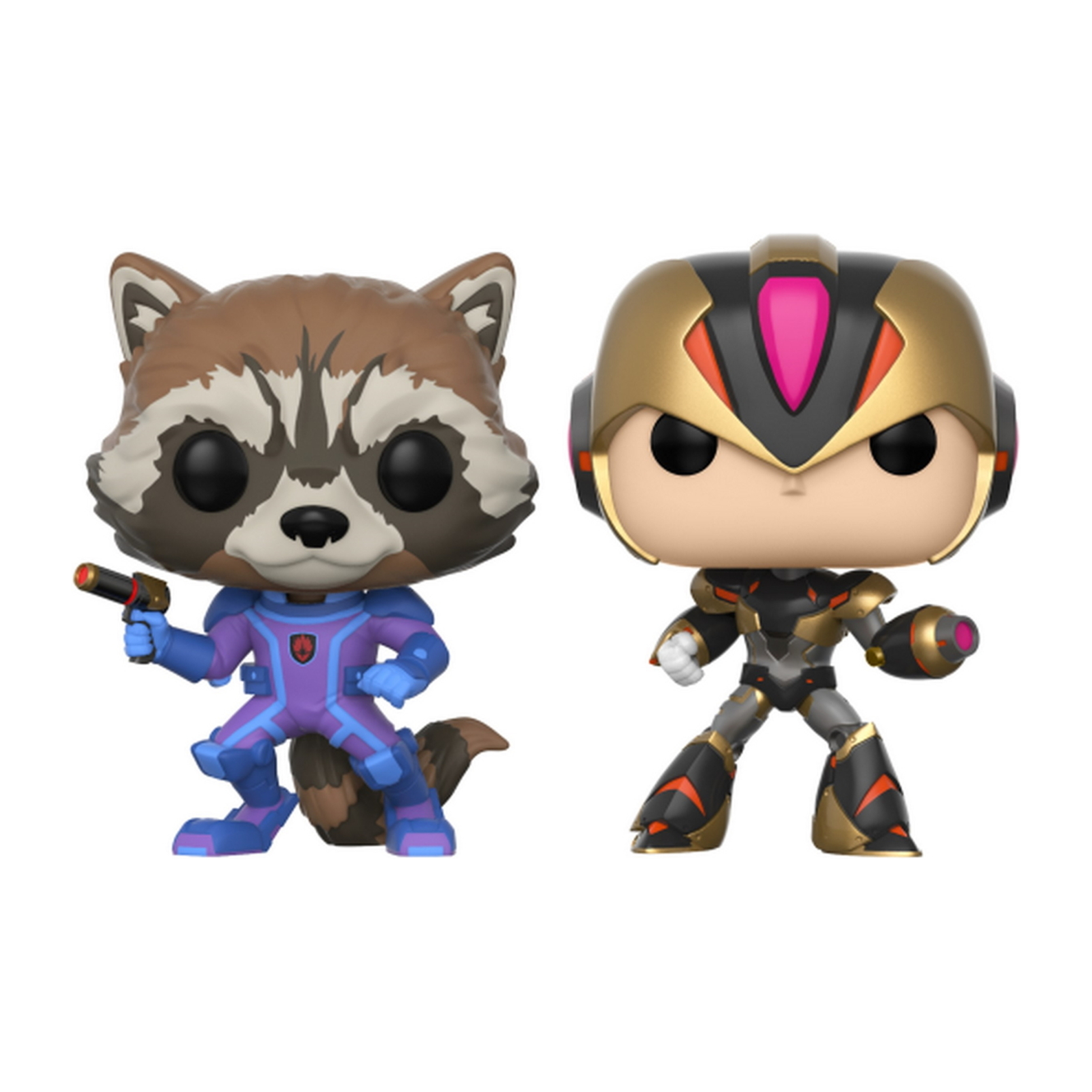 Rocket Raccoon und Mega Man Funko Pops. Posierend.