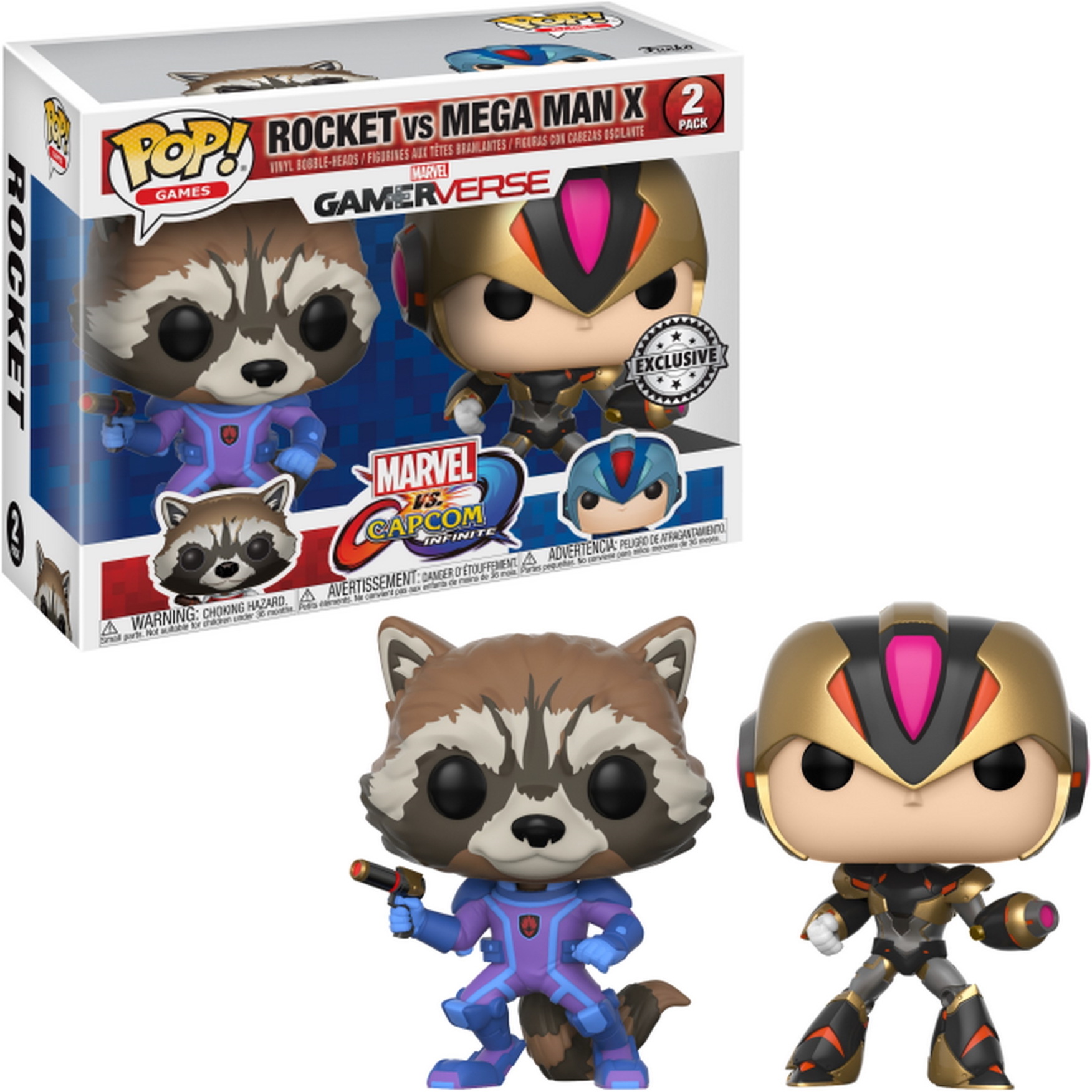 Funko Pop 2er-Pack: Rocket und Mega Man X. Rocket mit Waffe, Mega Man X in goldener Rüstung. Box sichtbar.