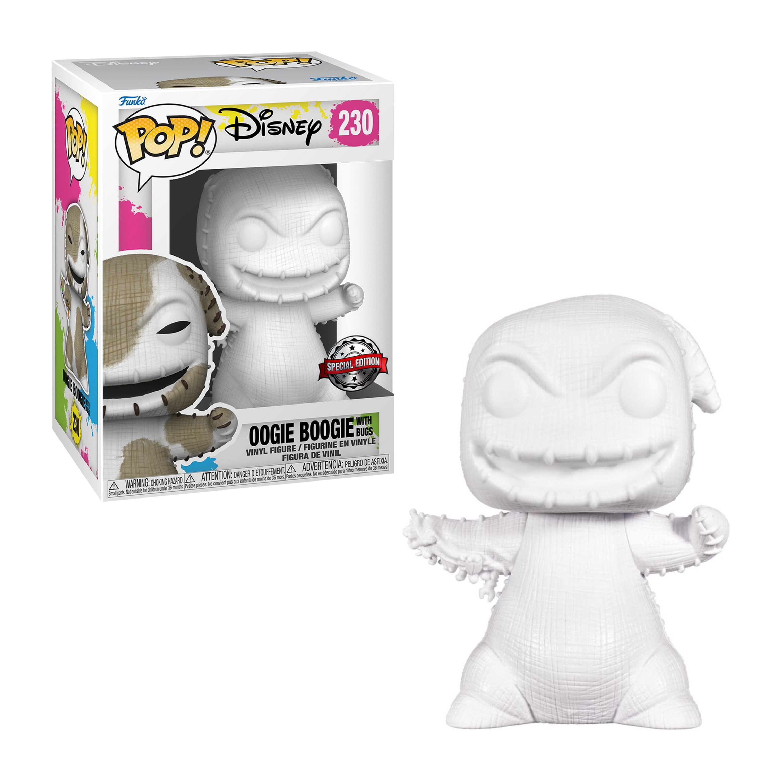 Weiße Oogie Boogie-Figur mit passender Schachtel. Sie hat ein grinsendes Gesicht und eine genähte Textur.