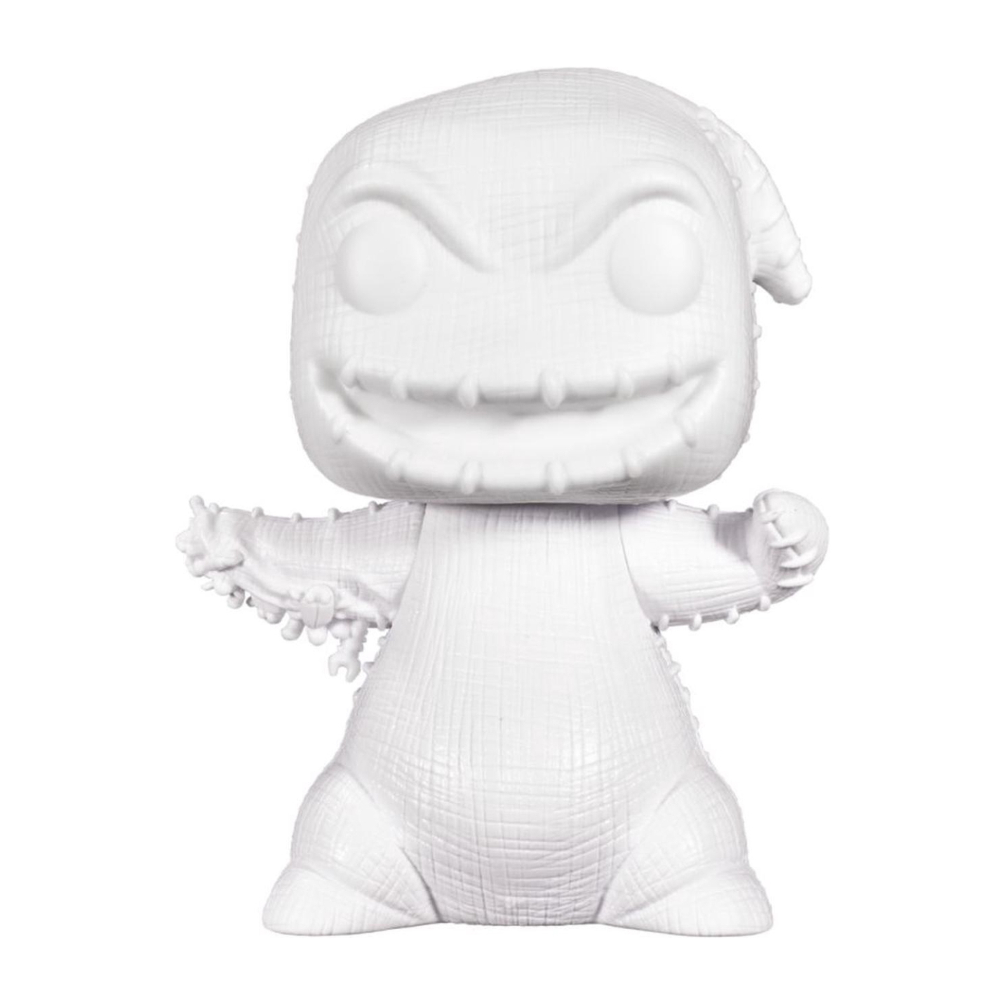 Weiße Oogie Boogie Figur mit einem unheimlichen Grinsen, Funko Pop Stil.