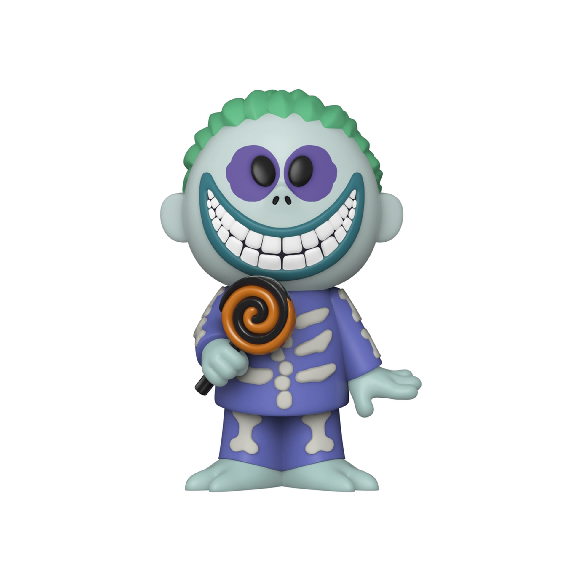Funko Pop-Figur von Beetlejuice als Skelett. Er hält einen Lolli und hat grüne Haare.