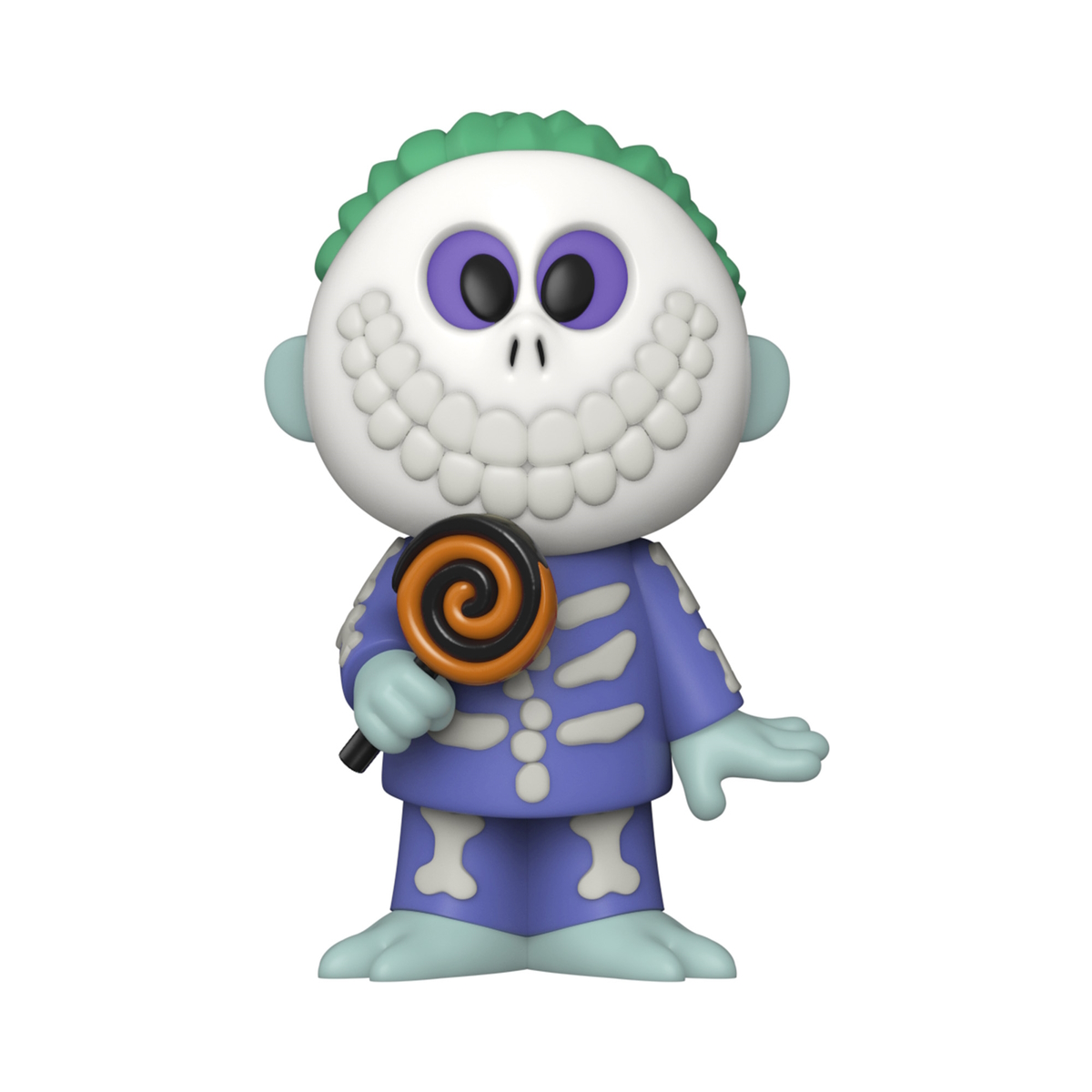 Eine Skelett-Funko Pop-Figur, die einen Lutscher hält, mit grünen Haaren und blauer Kleidung.