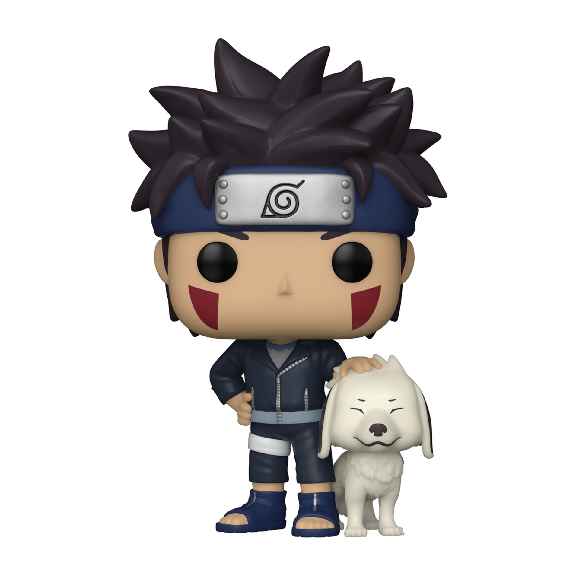 Figura anime de un niño con perro. El niño tiene pelo negro y una diadema azul.