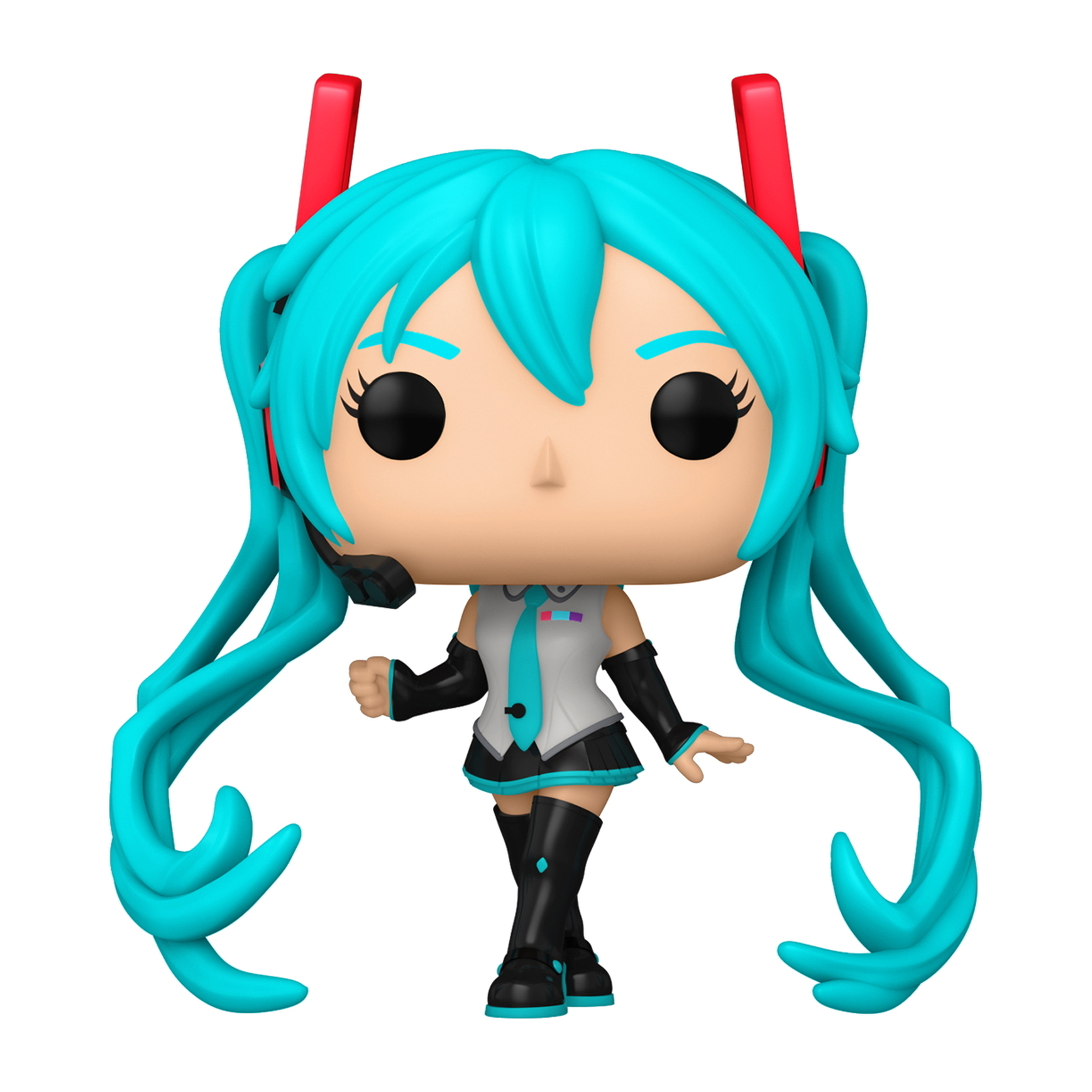 Eine Funko Pop Figur von Hatsune Miku, mit langen türkisfarbenen Haaren, einem Headset und einem schwarz-weißen Outfit.