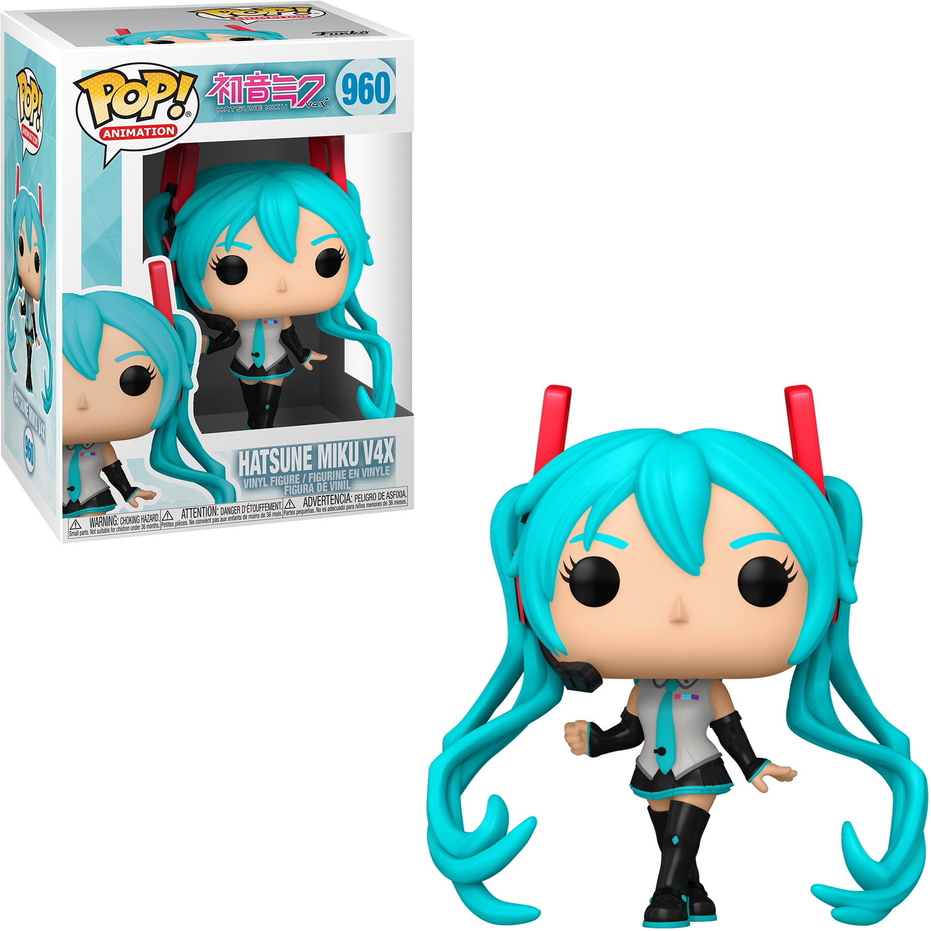 Hatsune Miku V4X Funko Pop Figur. Blaue Haare, schwarzes Outfit und ein Headset.