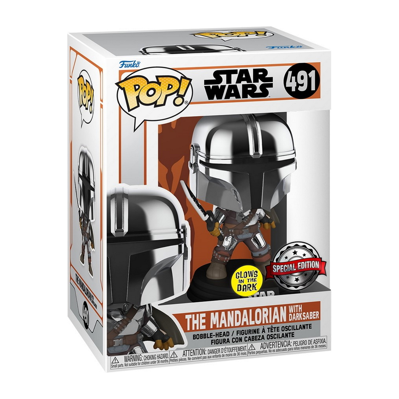 The Mandalorian Funko Pop Figur. Die Box enthält eine metallische Figur mit einem Darksaber. Es ist eine Special Edition.