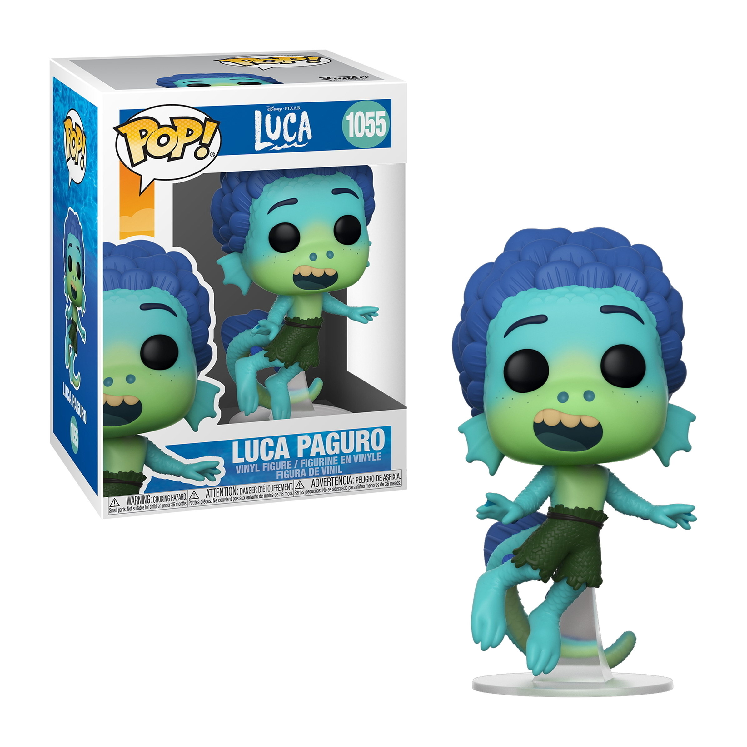 Funko Pop Figur von Luca, einem Seeungeheuer. Es hat blaue Haare, grüne Haut und einen Schwanz.