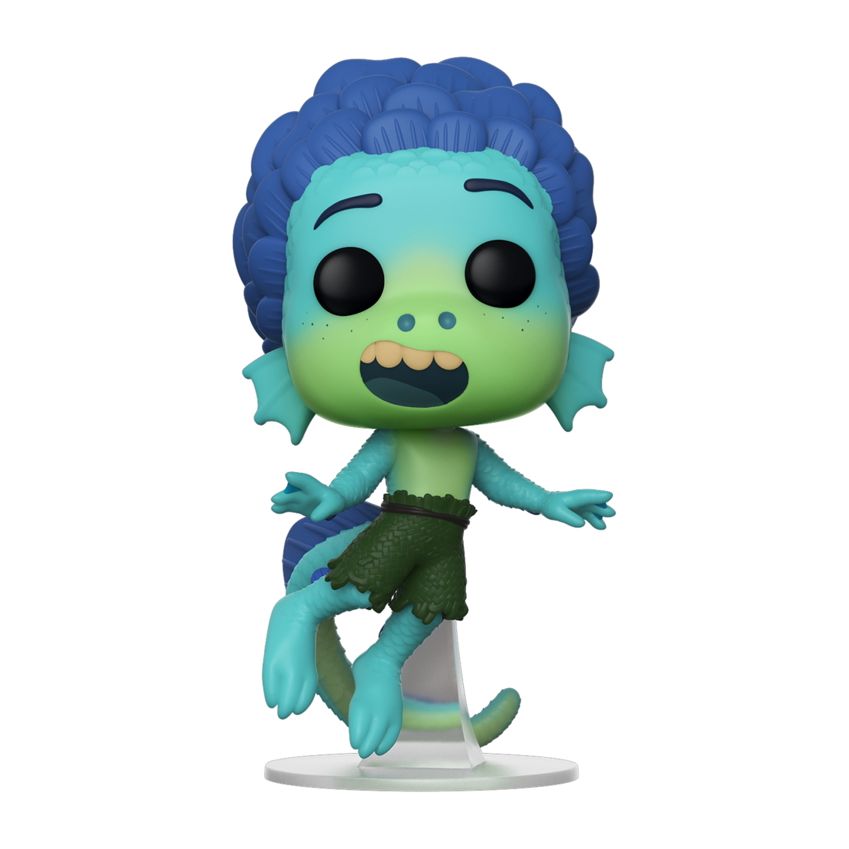 Luca, ein Seeungeheuer, in Pose. Die Figur hat blaue Haare und helle Haut. Klarer Sockel, weißer Hintergrund.