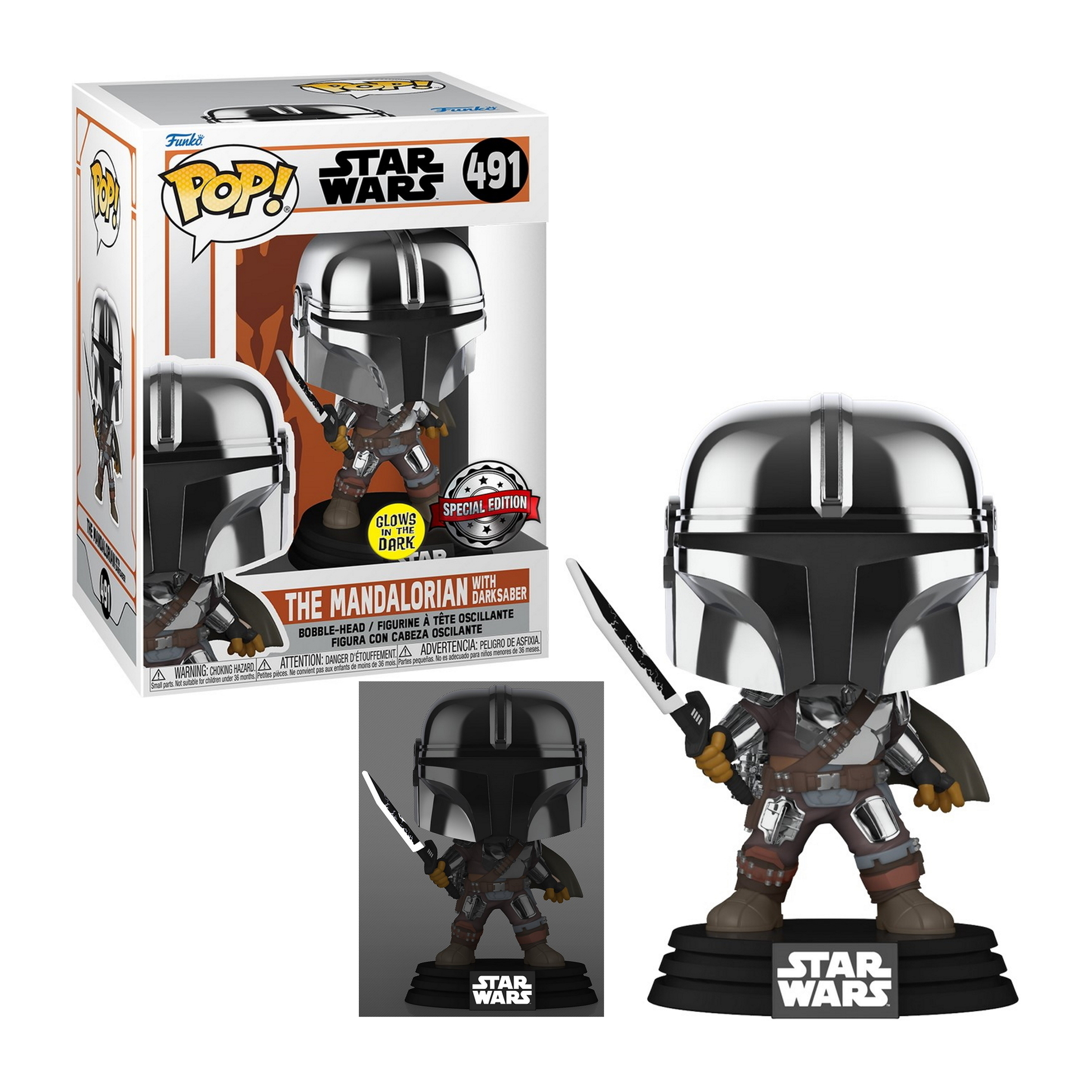 The Mandalorian mit Darksaber Funko Pop, in der Box und aus der Box, in silberner Rüstung, hält ein Schwert.