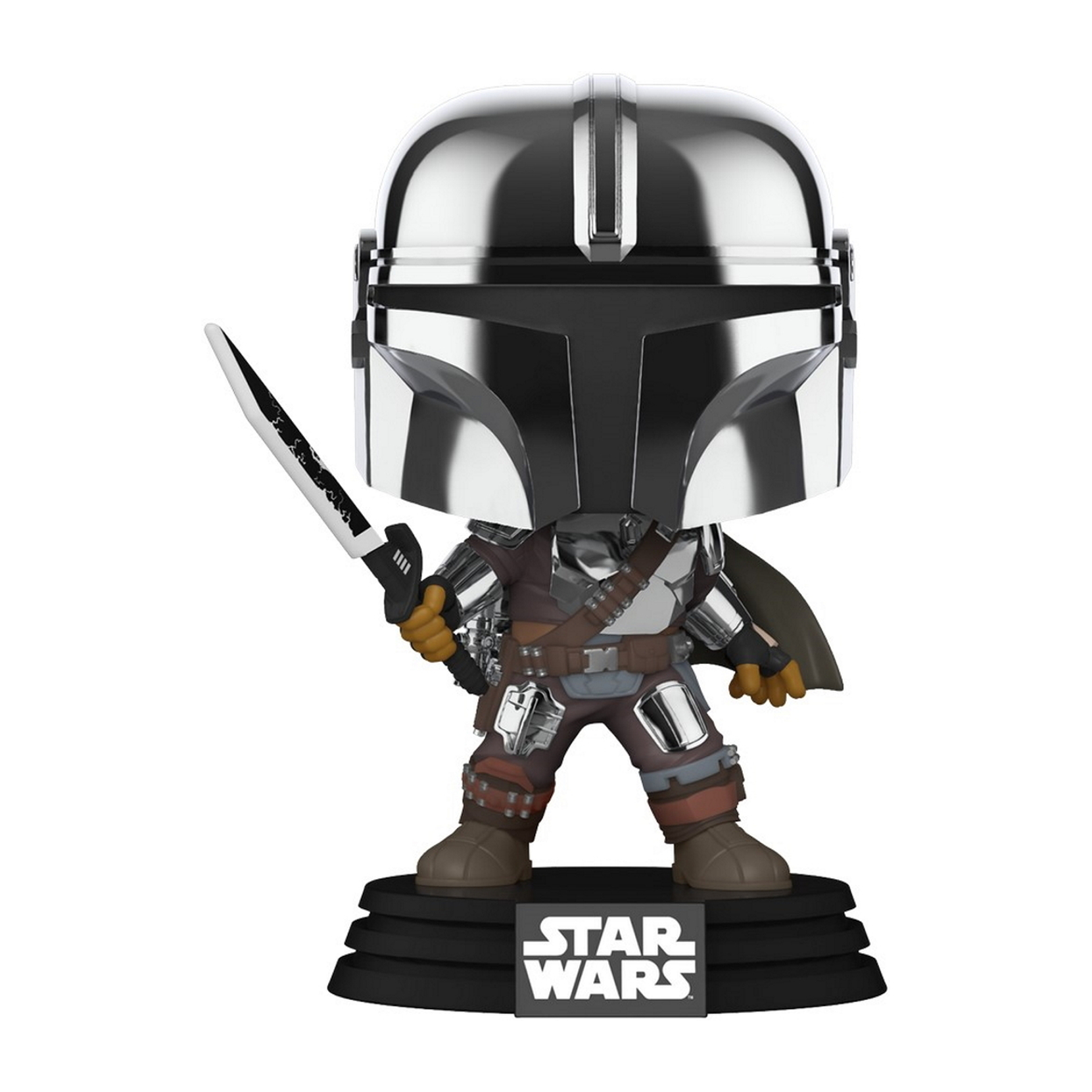 Eine Star Wars Funko Pop-Figur des Mandalorianers. Er trägt silberne Rüstung und hält ein Schwert.
