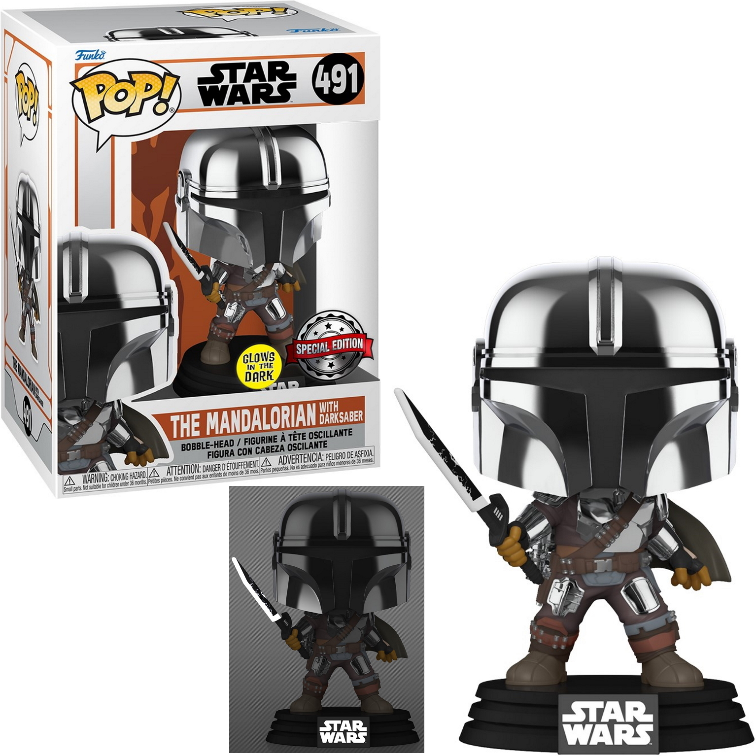 Funko Pop Figur des Mandalorianers mit einem Lichtschwert. Enthält Box mit Star Wars-Branding.