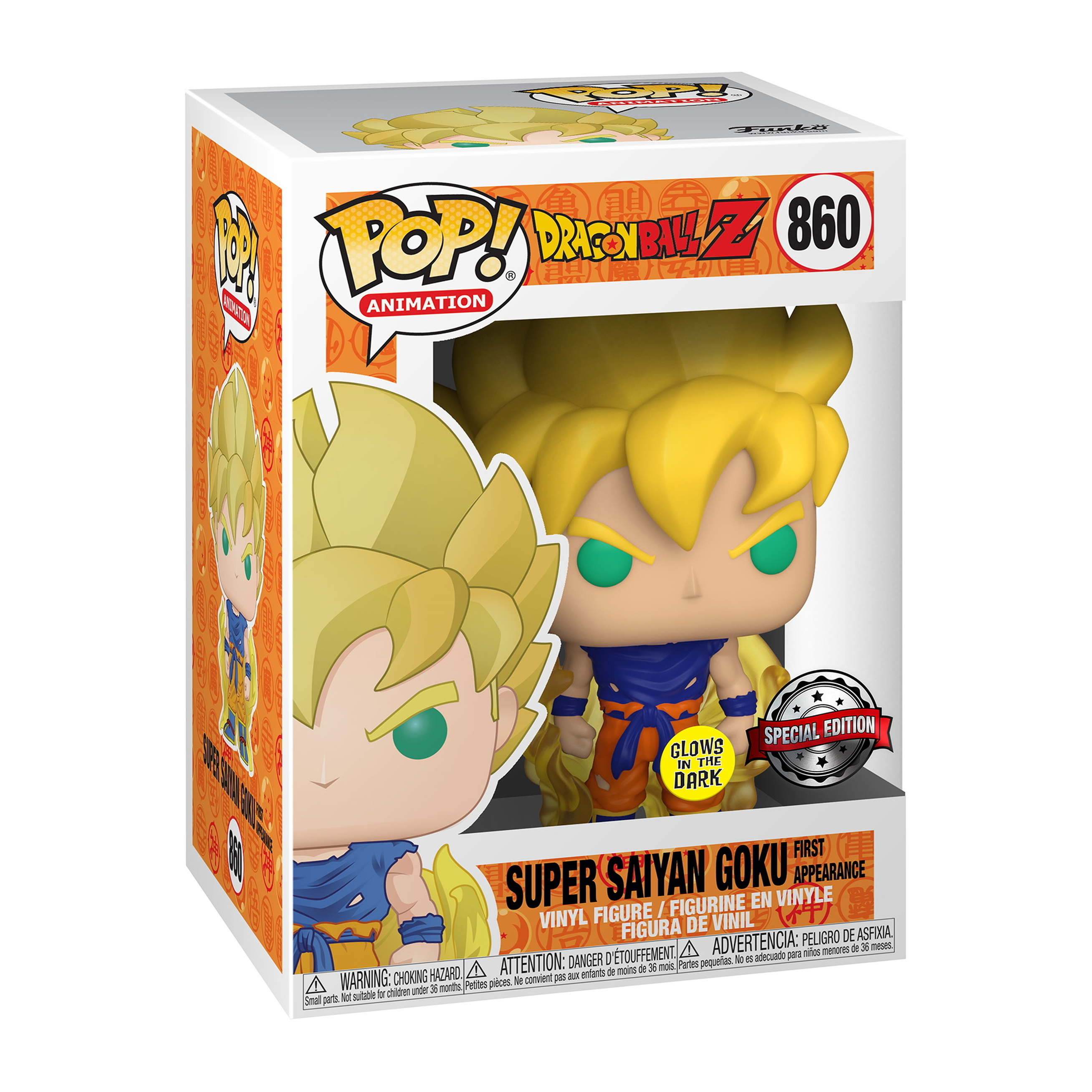 Figurka Funko Pop Super Saiyan Goku w pudełku z logo Pop Animation i logo Dragon Ball Z.