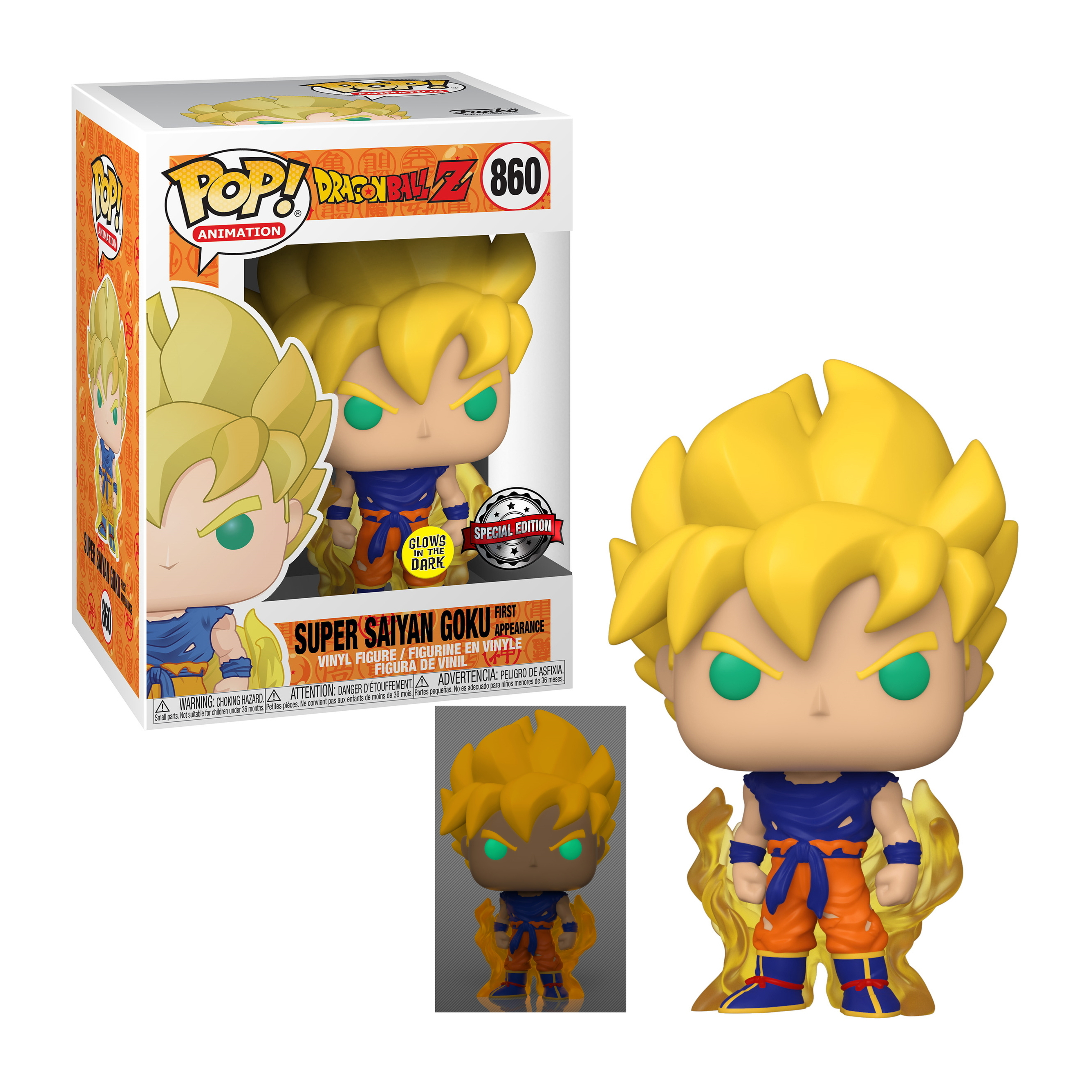 Figurka Funko Pop Goku Super Saiyan z pudełkiem. Żółte włosy, niebiesko-pomarańczowy strój. Świeci w ciemności.
