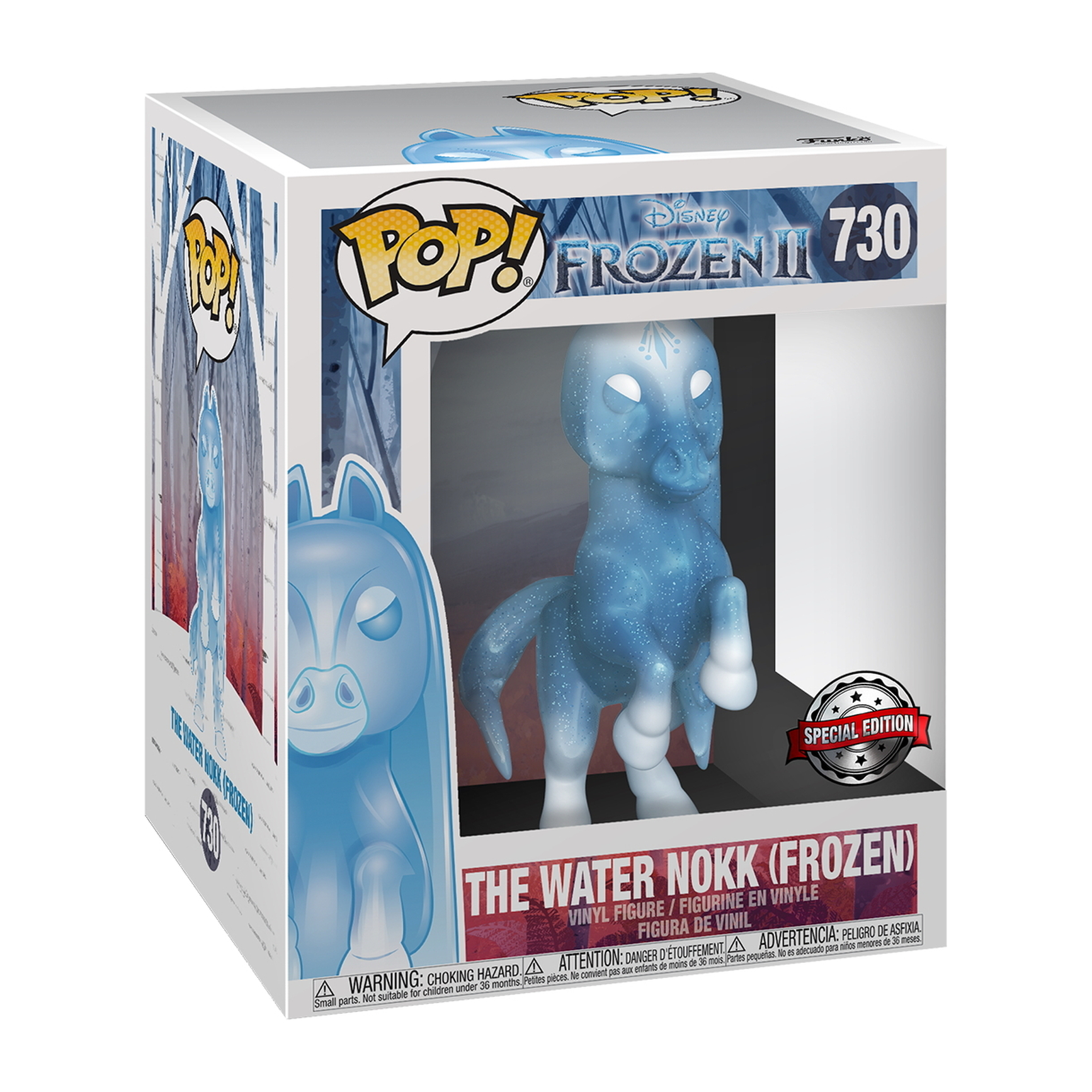 The Water Nokk (Frozen) Pop Figur in Box. Eine blaue, durchscheinende Pferdefigur in der Box.