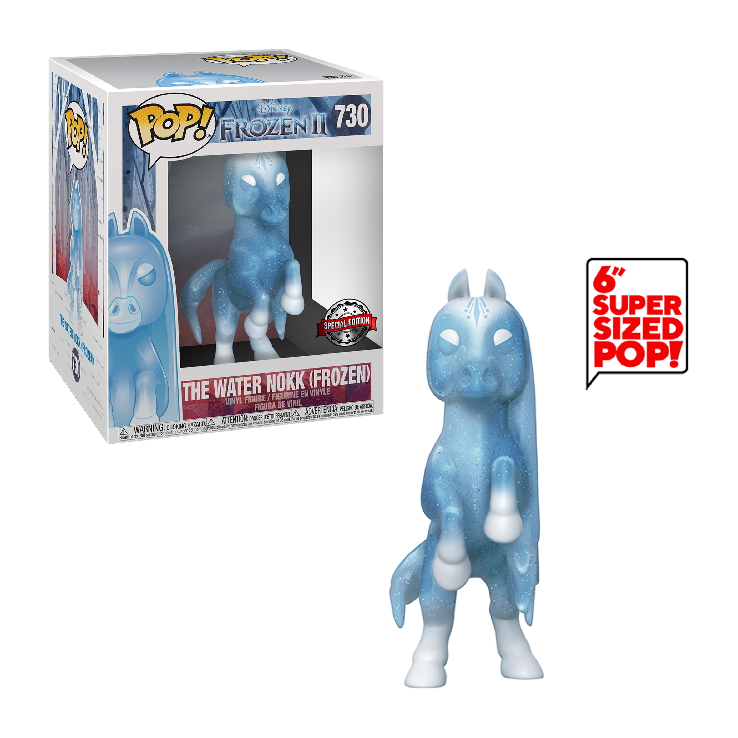 Frozen II Wasser-Nokk-Figur. Blaue pferdeähnliche Figur mit hellblauen Highlights, weißen Beinen und einer Box links.