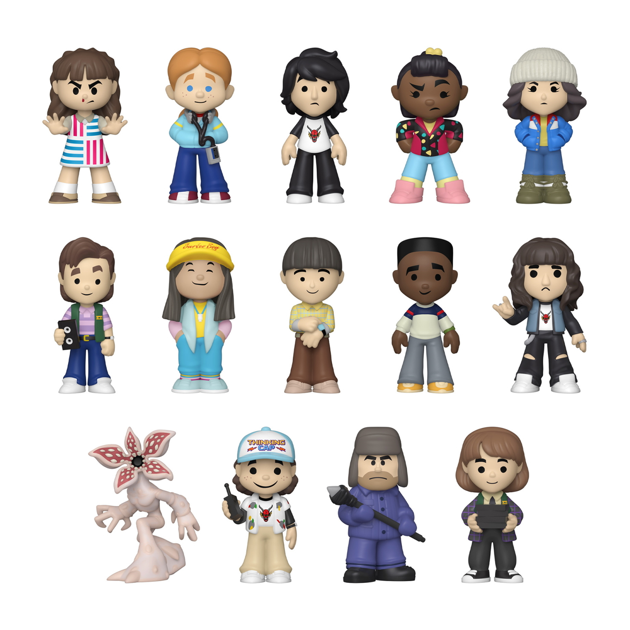 Gruppo di figure di Stranger Things di diversi personaggi, in varie pose e abiti.