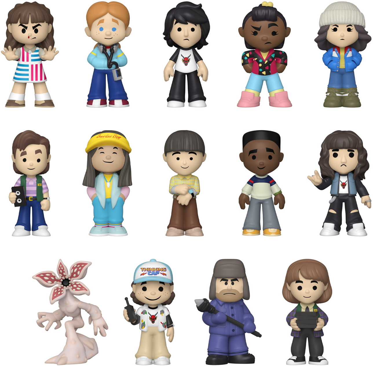 Gruppo di figure Funko Pop di Stranger Things. Vari personaggi in diversi abiti.