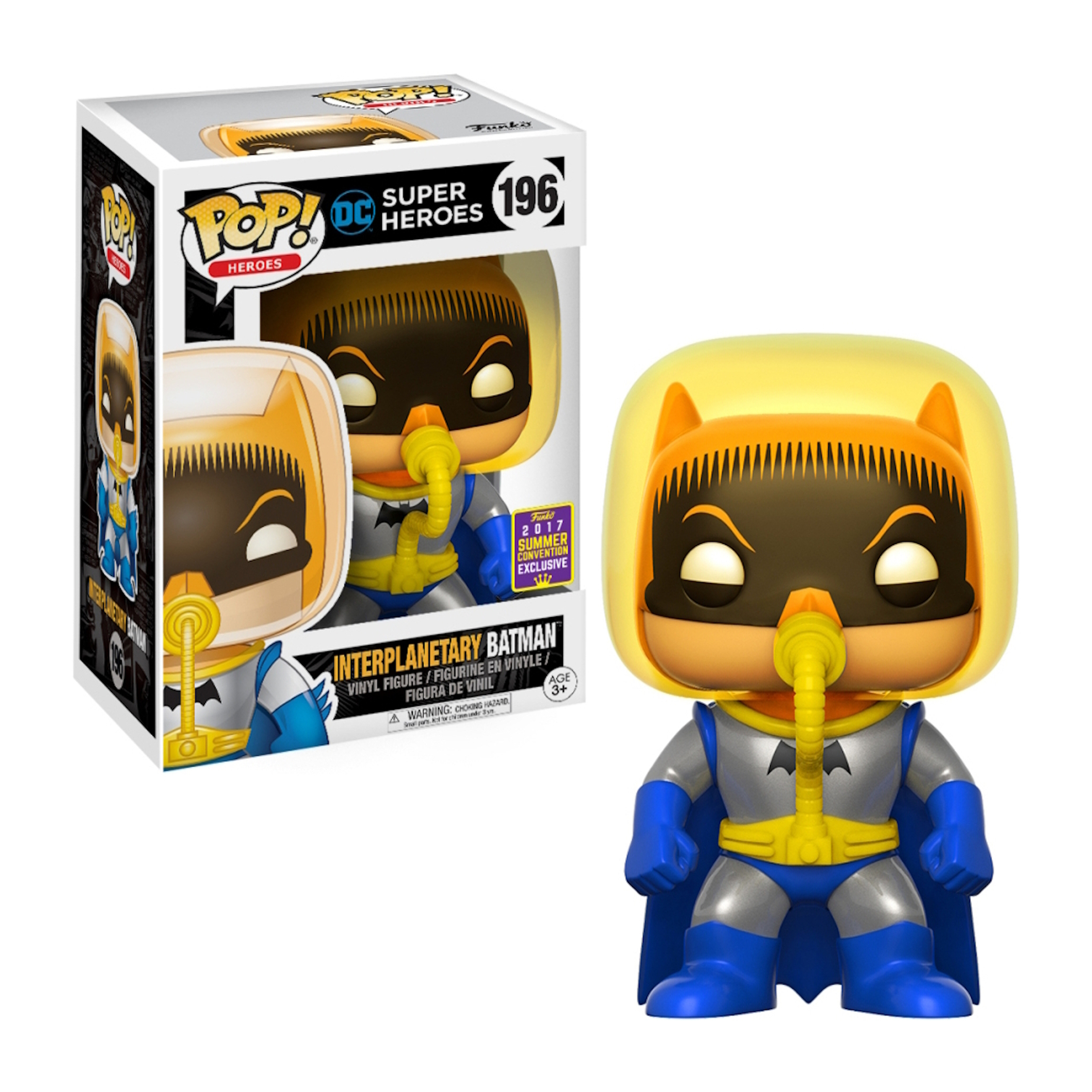 Eine Interplanetary Batman Funko Pop-Figur in einer Box. Er hat einen gelben Helm und blauen Anzug.