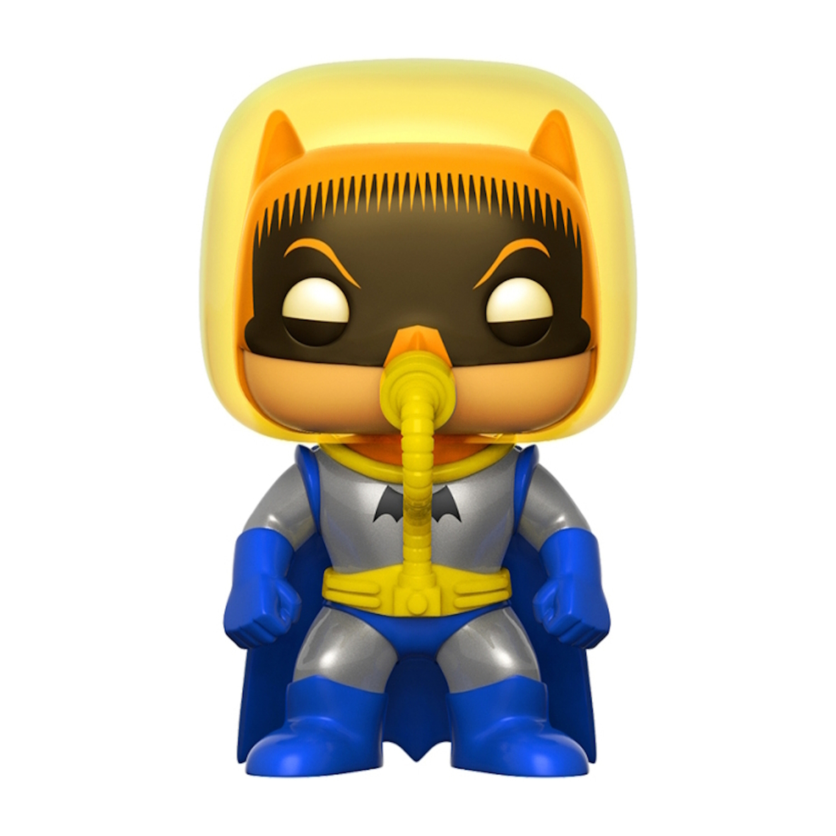 Batman-Figur mit gelbem Kopf und Helm. Der Hintergrund ist weiß.
