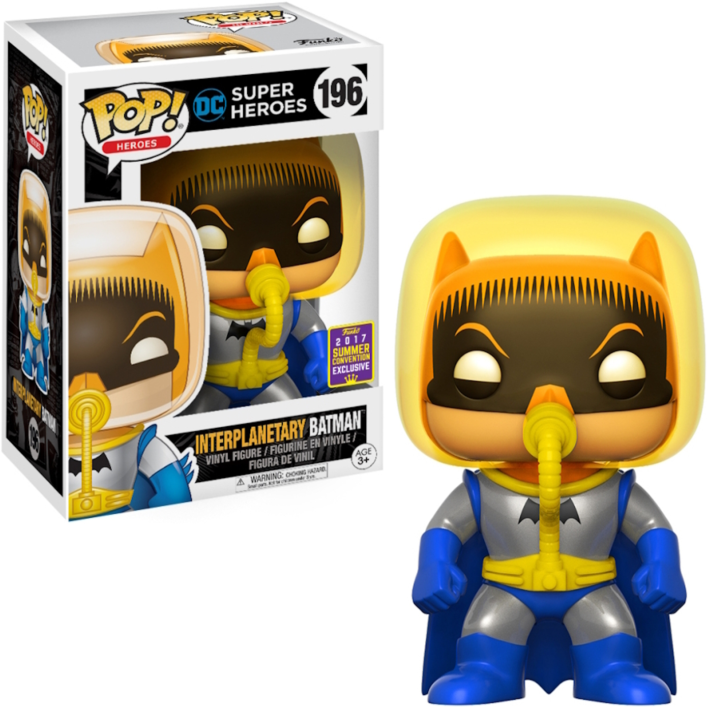 Interplanetarischer Batman Funko Pop Figur mit gelbem Helm, blau-grauem Anzug und Atemschutzgerät.