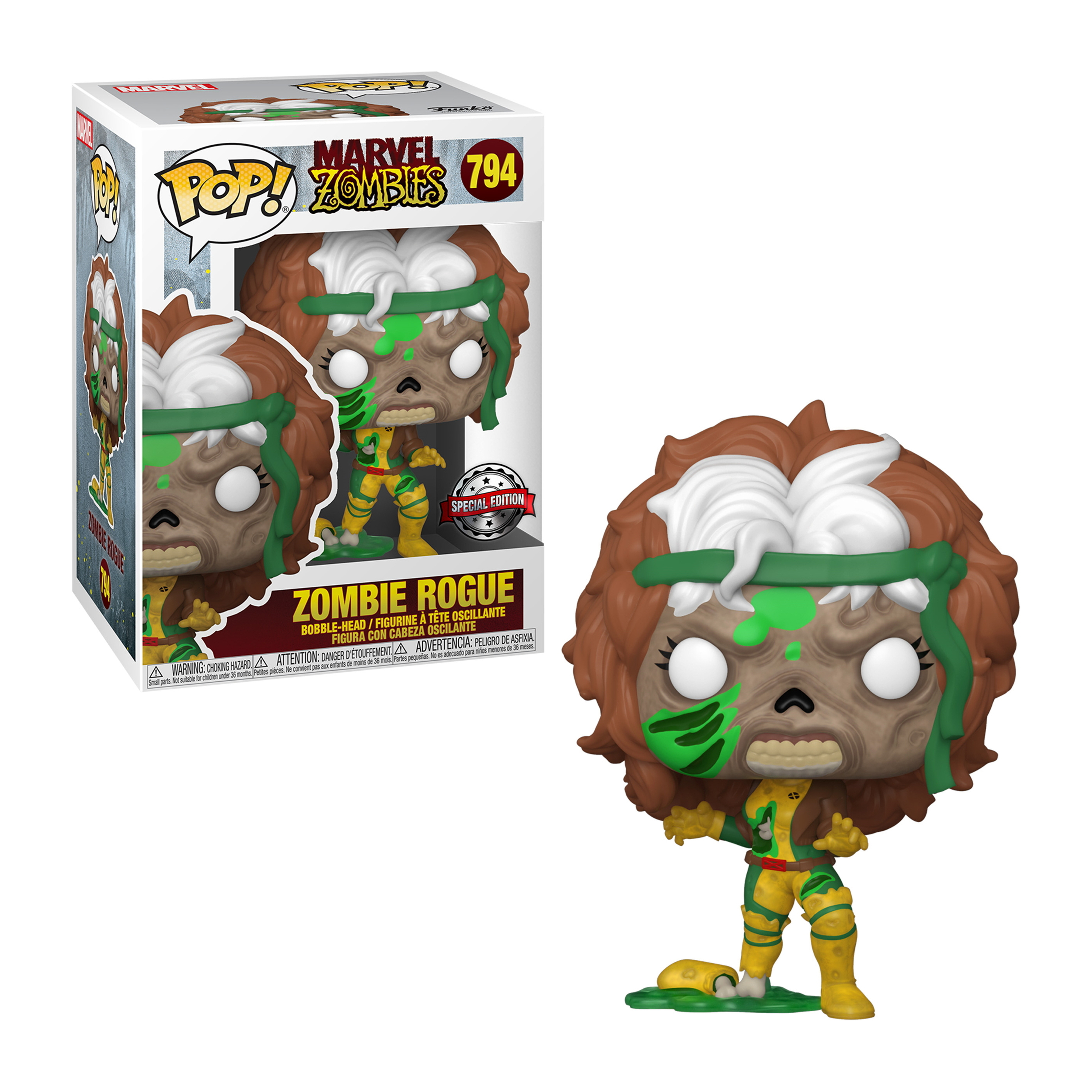 Zombie Rogue Funko Pop Figur und Box. Grün und braun, zombieartiges Aussehen.