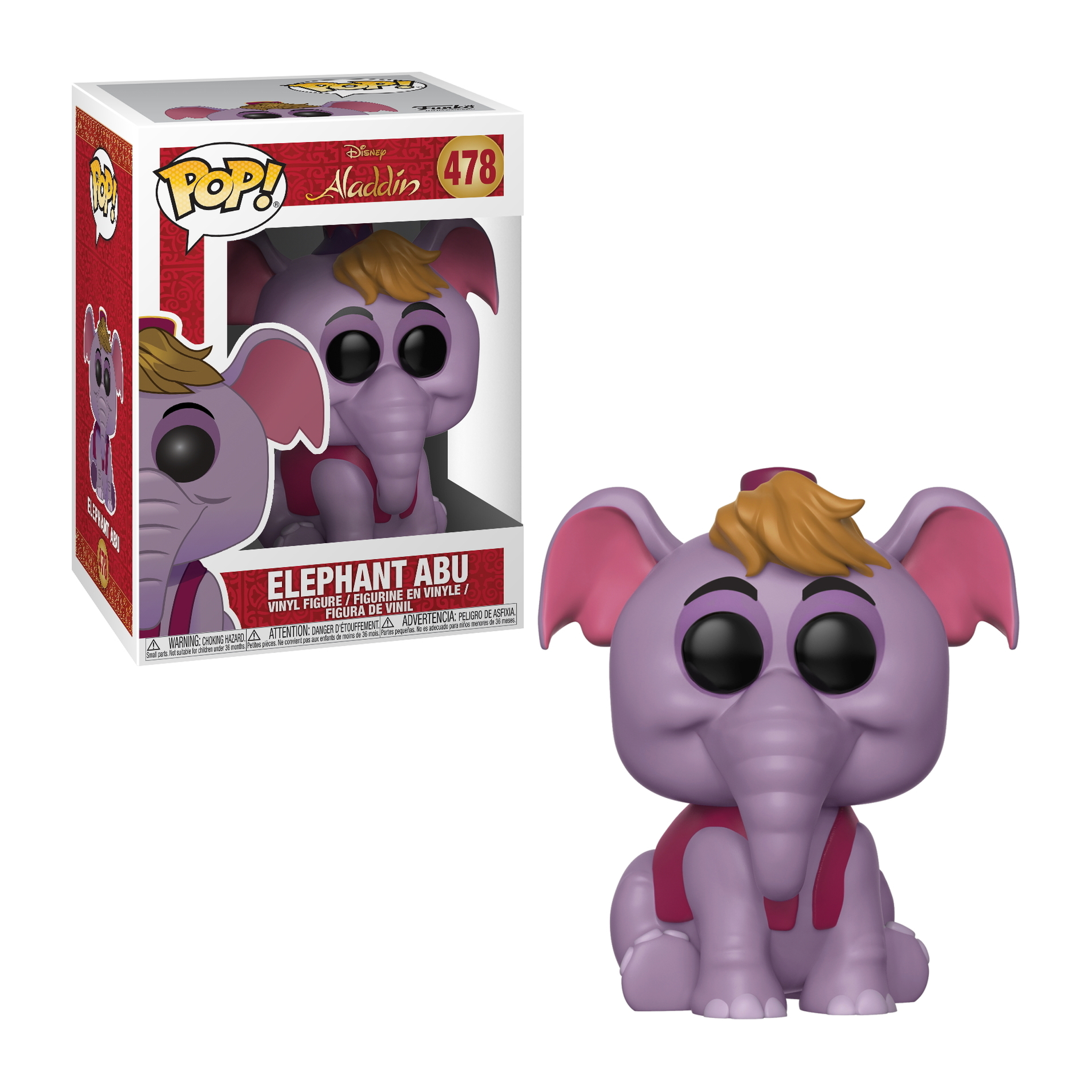Abu, die Elefantenfigur aus Aladdin. Ein lila Elefant mit roter Weste und blondem Toupet.