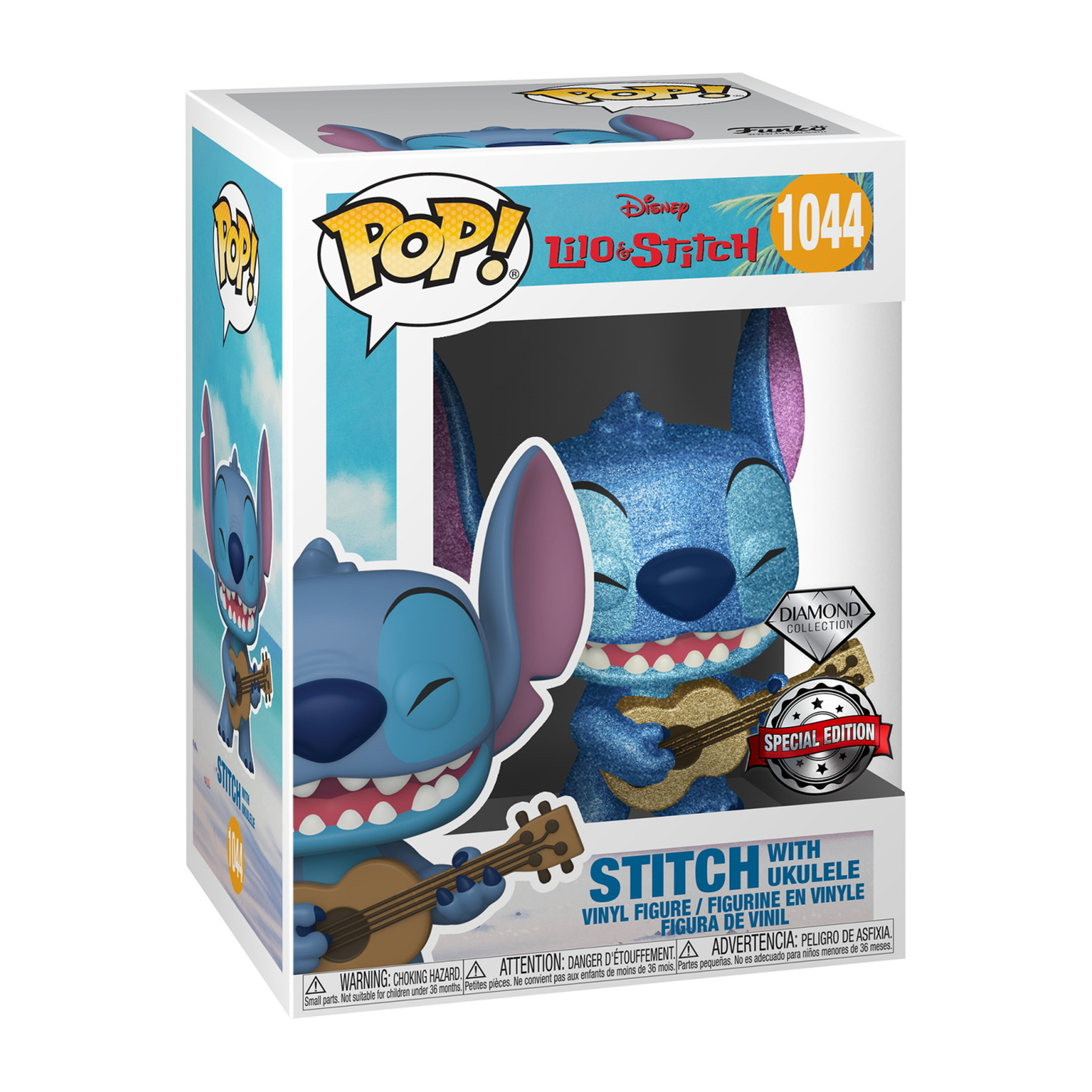 Stitch mit Ukulele Funko Pop Figur in Box. Blaue Stitch Figur mit Ukulele. Box hat Disney und Funko Pop Logos, Special Edition Aufkleber.